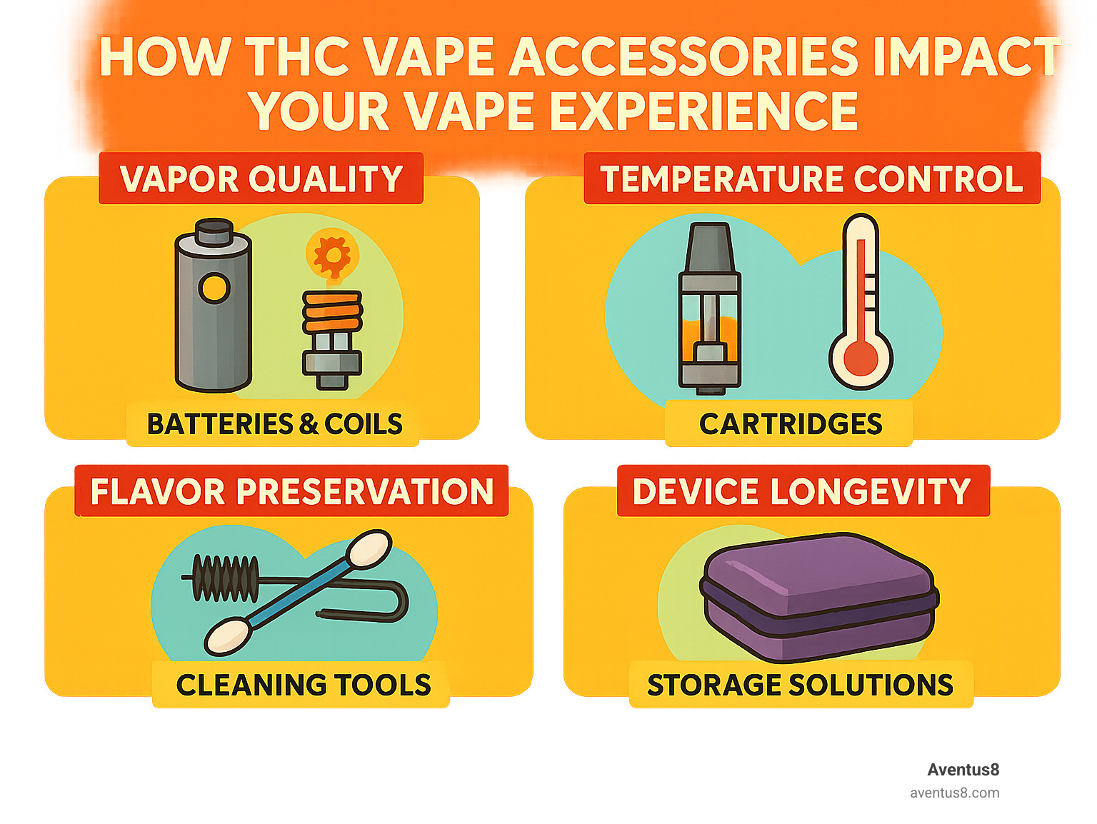 Infographic showing how THC vape accessories impact vapor quality, temperature control, flavor preservation, and device longevity through proper batteries, coils, cleaning tools, and storage solutions - THC vape accessories infographic 