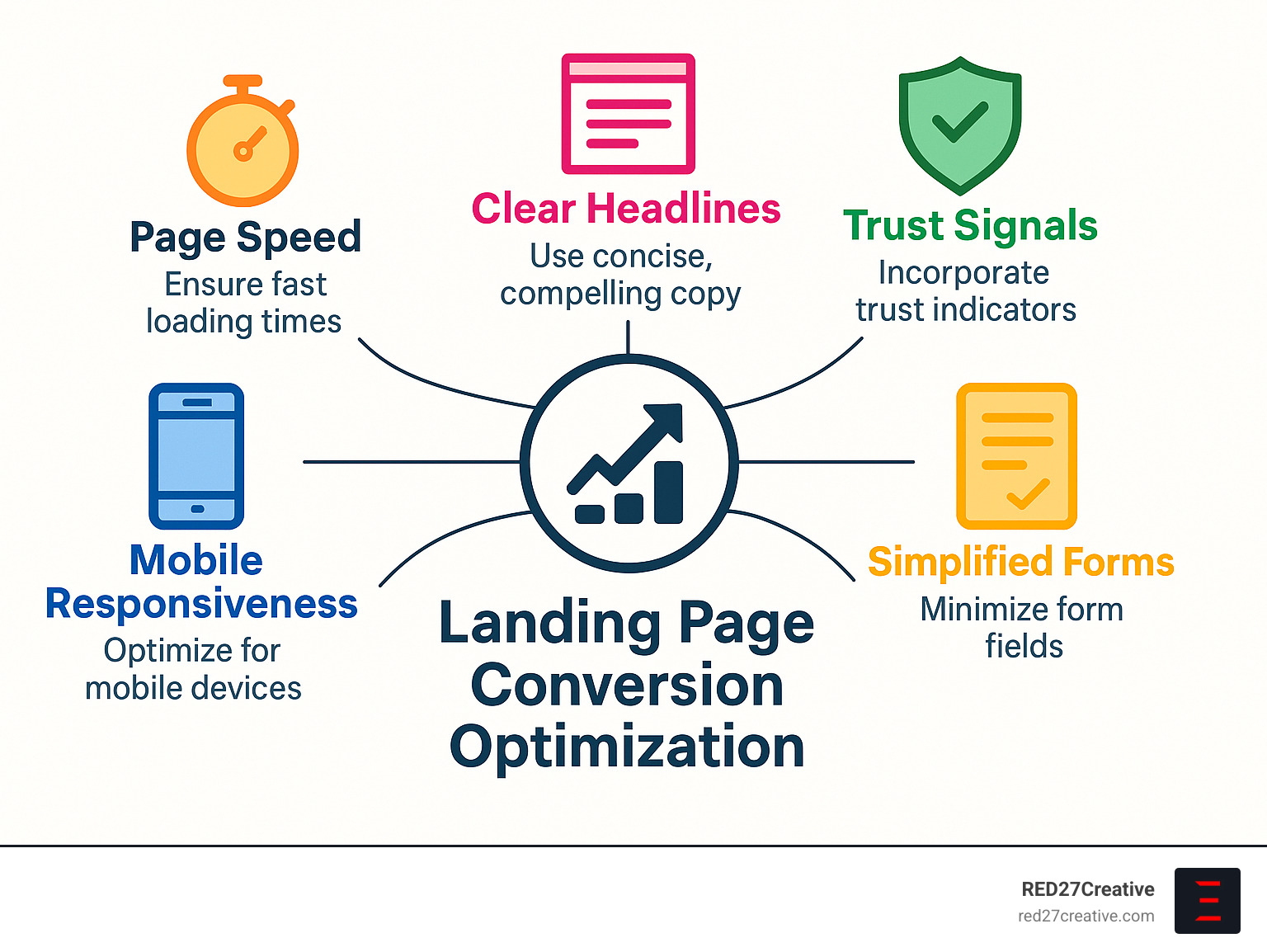 Pay Per Click Services in Naperville That Won't Break the Bank • naperville pay per click services • RED27Creative Infographic showing landing page conversion optimization elements including page speed, mobile responsiveness, clear headlines, trust signals, and simplified forms with conversion rate improvements - naperville pay per click services infographic