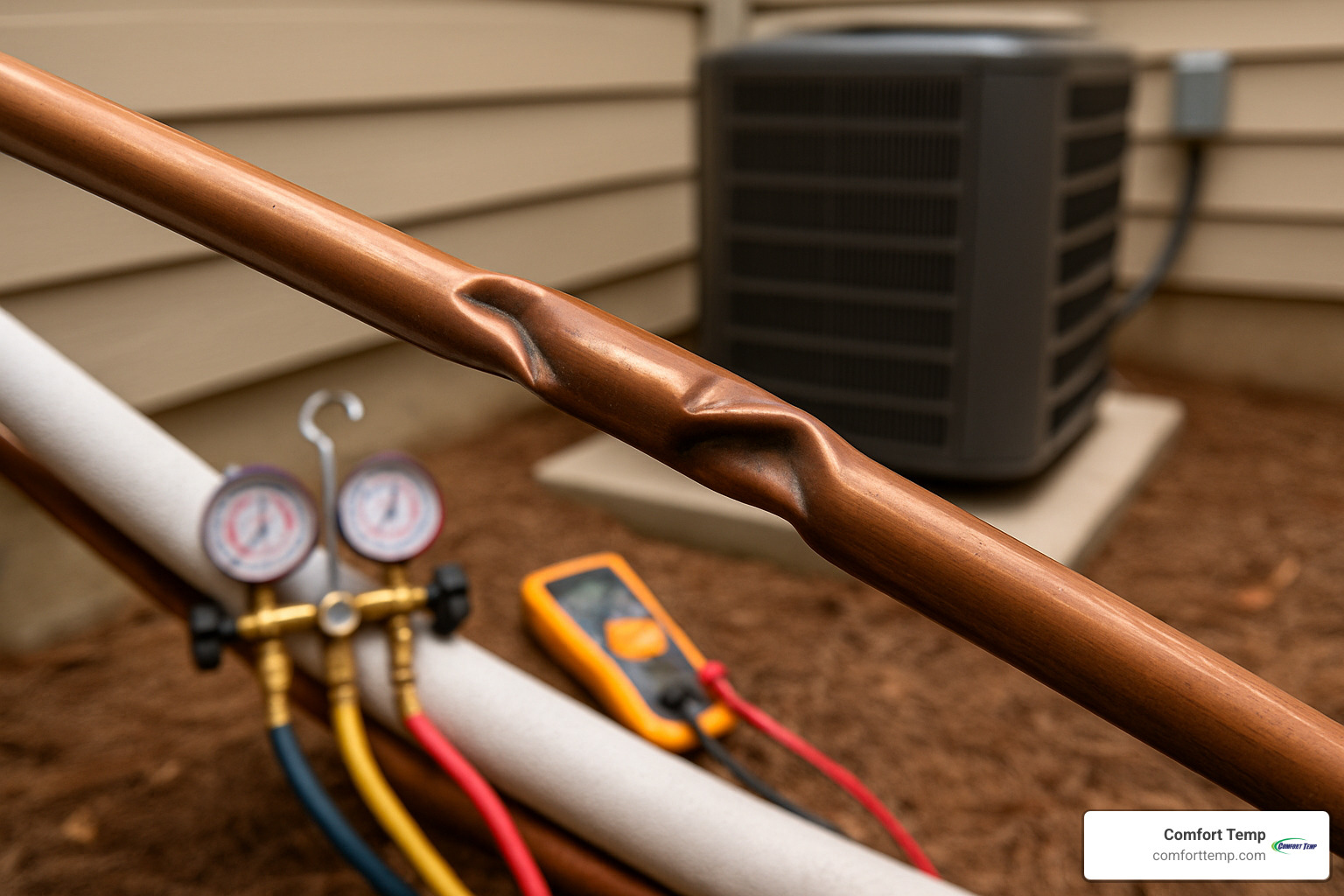 crushed refrigerant line showing damage from improper installation - install new aircon