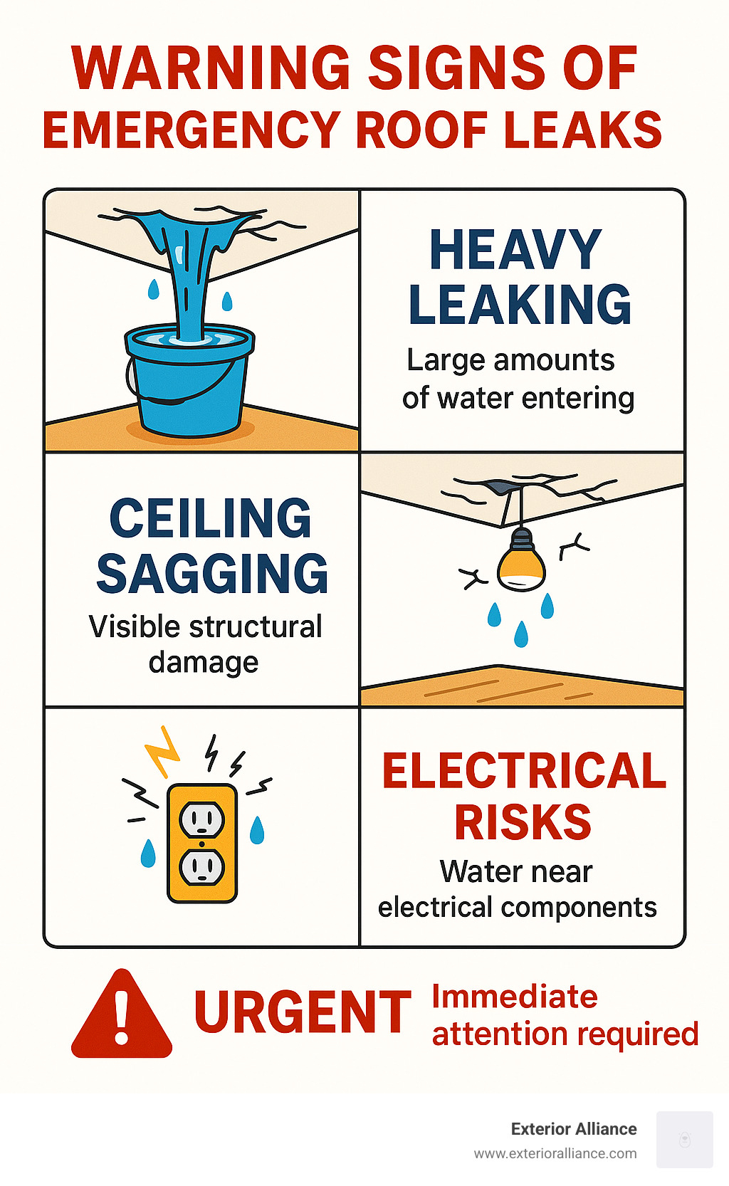 Warning signs of emergency roof leaks including water volume indicators, structural damage markers, and safety hazards with corresponding urgency levels - emergency roof leak repair infographic