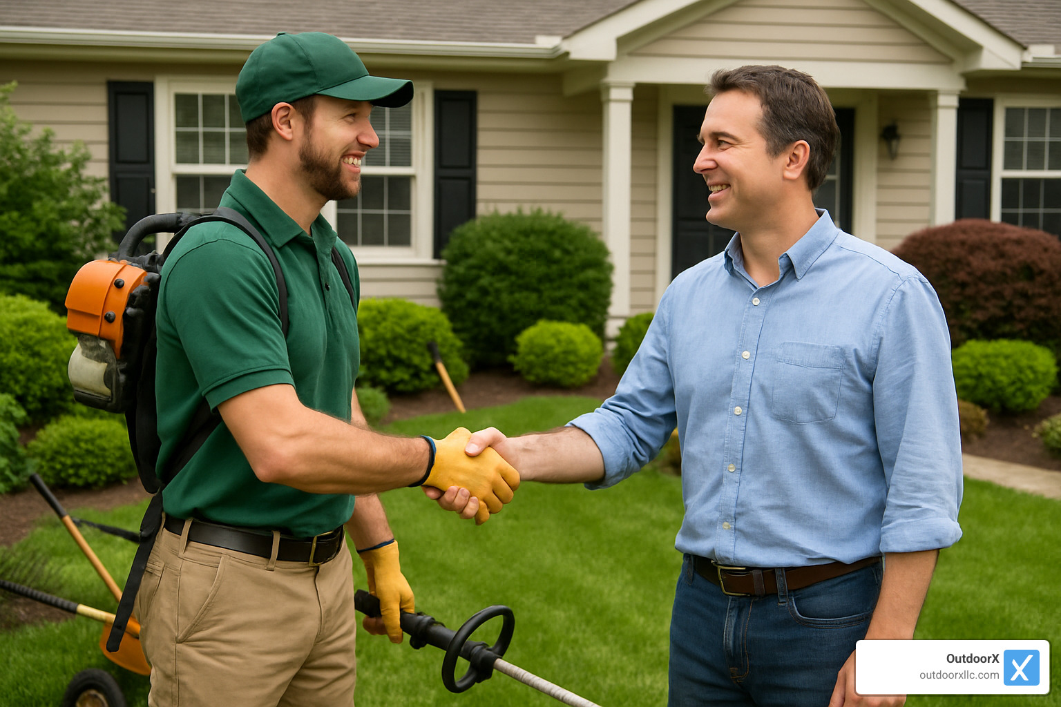 Professional landscaper shaking hands with homeowner - landscape companies salem ma