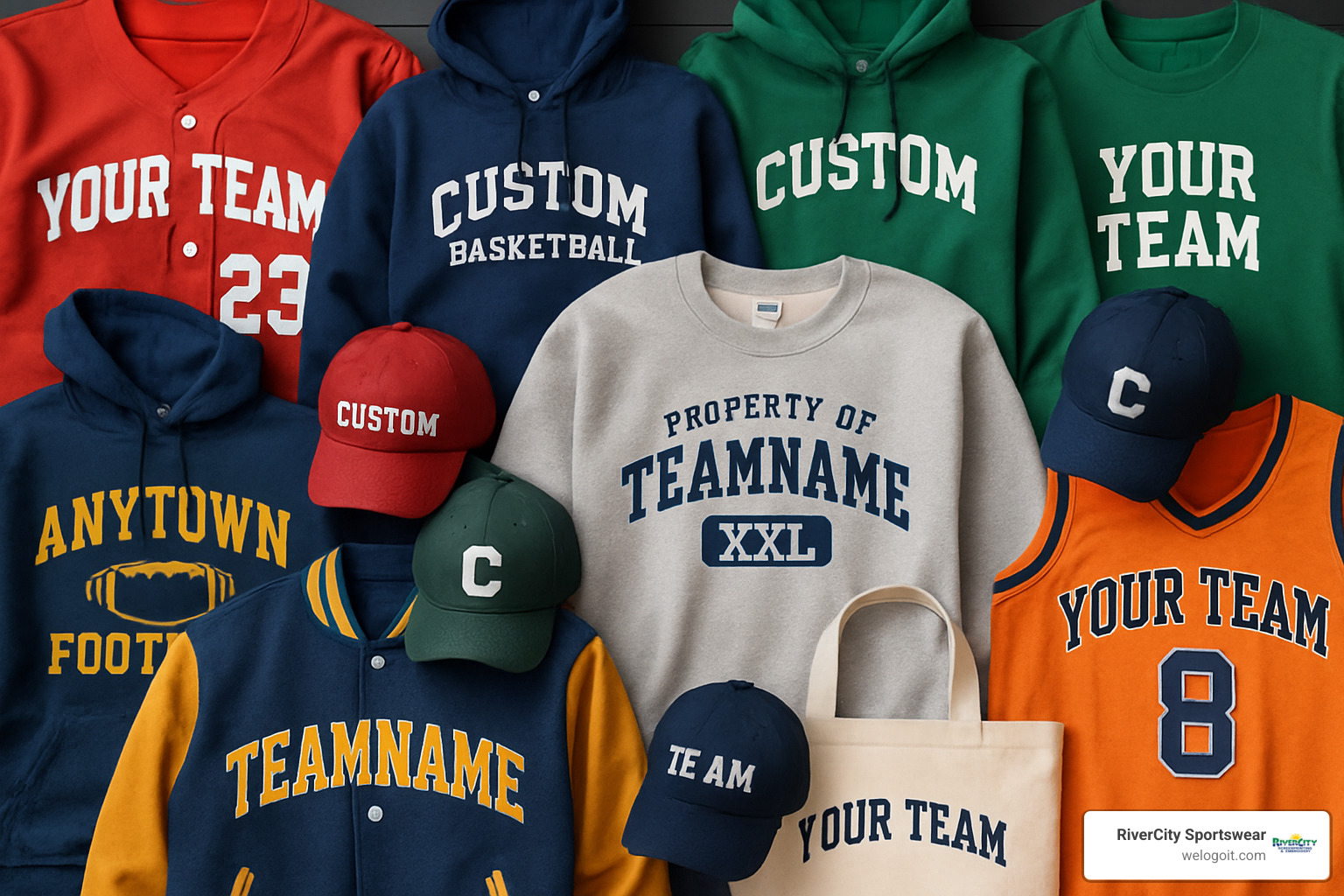 Collage showing various custom sports apparel including jerseys, hoodies, jackets, hats, and accessories in different team colors - custom sports apparel