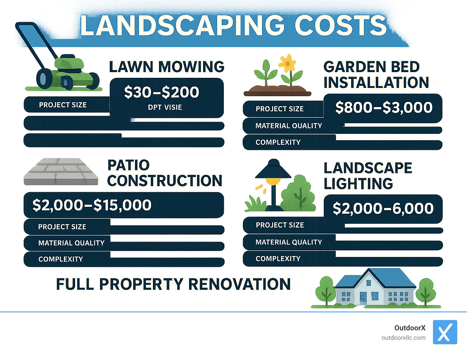 Detailed cost comparison infographic showing pricing ranges for common landscaping services: lawn mowing ($30-200 per visit), garden bed installation ($800-3,000), patio construction ($2,000-15,000), landscape lighting ($2,000-6,000), full property renovation ($3,500-14,000+), with breakdowns by project size, material quality, and complexity levels - landscape companies salem ma infographic