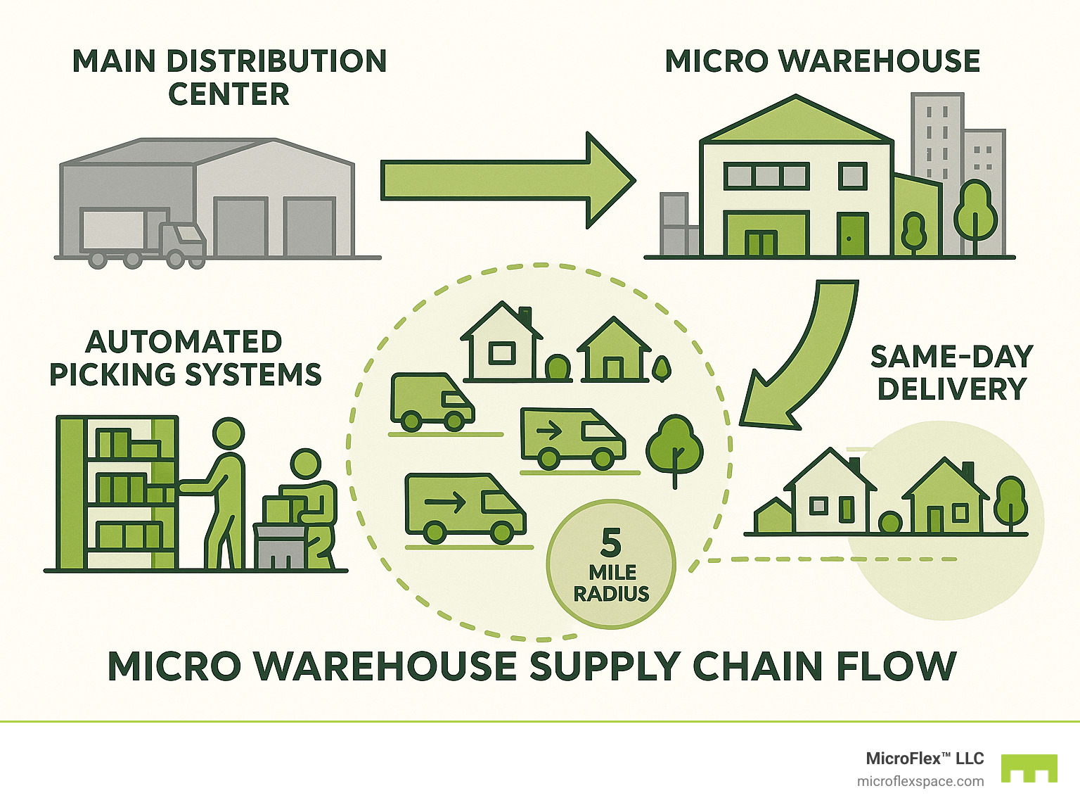 Infographic showing micro warehouse supply chain flow with urban facility receiving inventory from main distribution center, automated picking systems processing orders, and multiple delivery vehicles providing same-day service to nearby customers within 5-mile radius - micro warehouse infographic