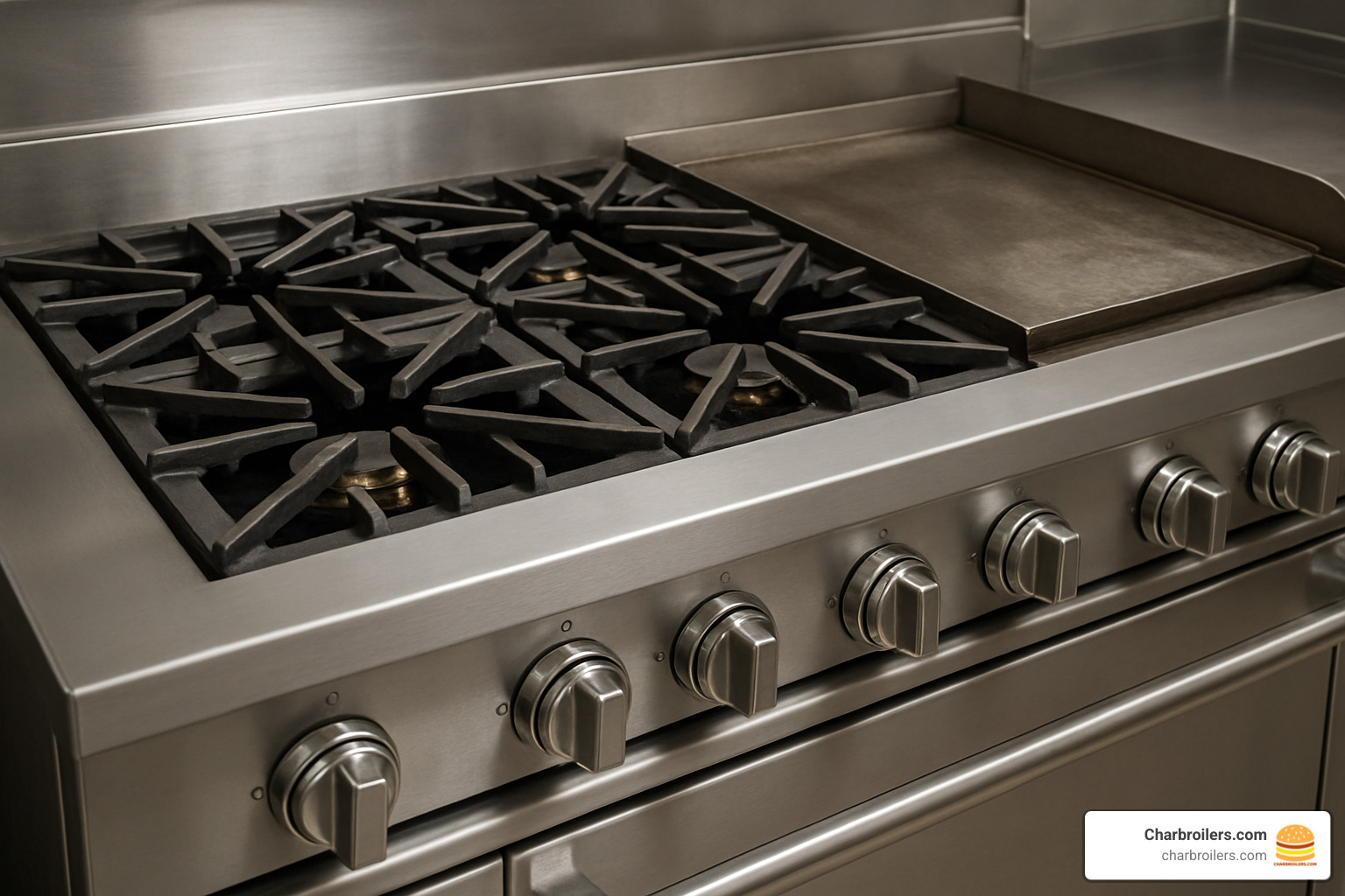 close-up of burner/griddle layout - commercial gas stove 48 inch