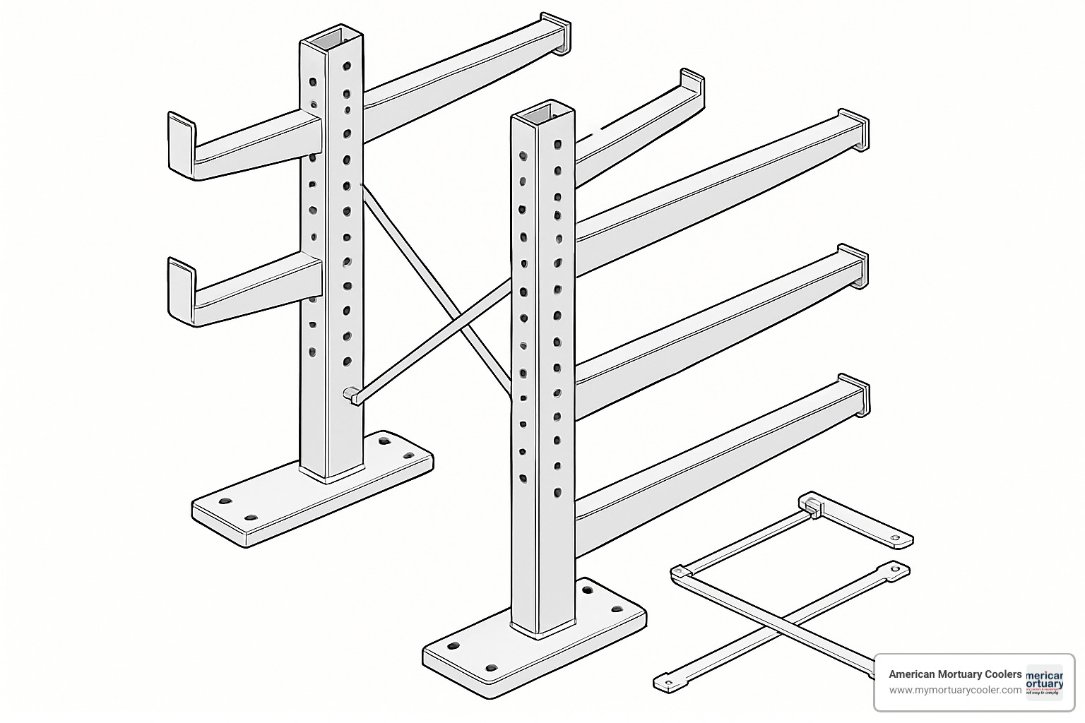 Exploded view diagram showing cantilever rack components separated - base plates, vertical uprights, horizontal arms, and connecting braces - cantilever shelf rack