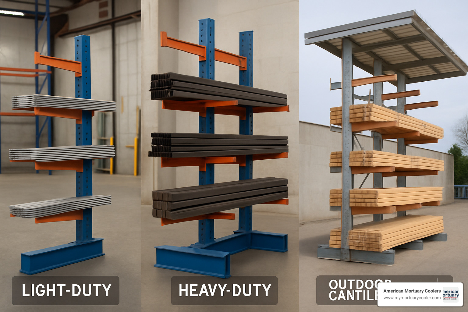 Side-by-side comparison showing light-duty, heavy-duty, and outdoor cantilever rack configurations with different arm lengths and load capacities - cantilever shelf rack