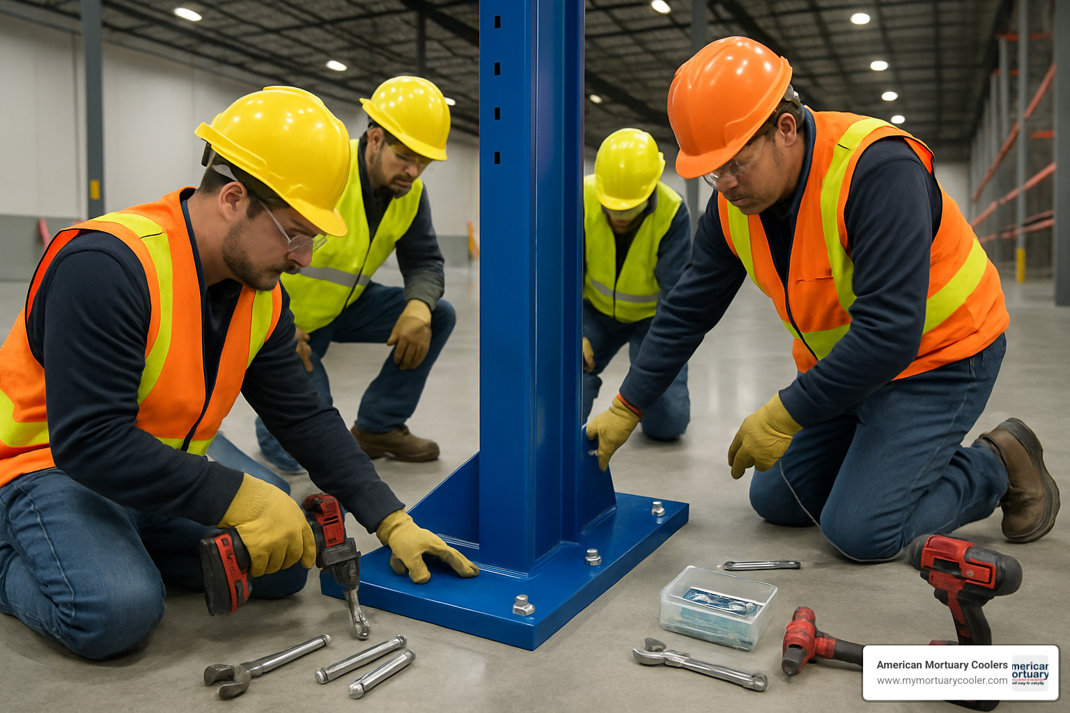 Installation crew using concrete anchors to secure cantilever rack base to warehouse floor, with tools and safety equipment visible - cantilever shelf rack