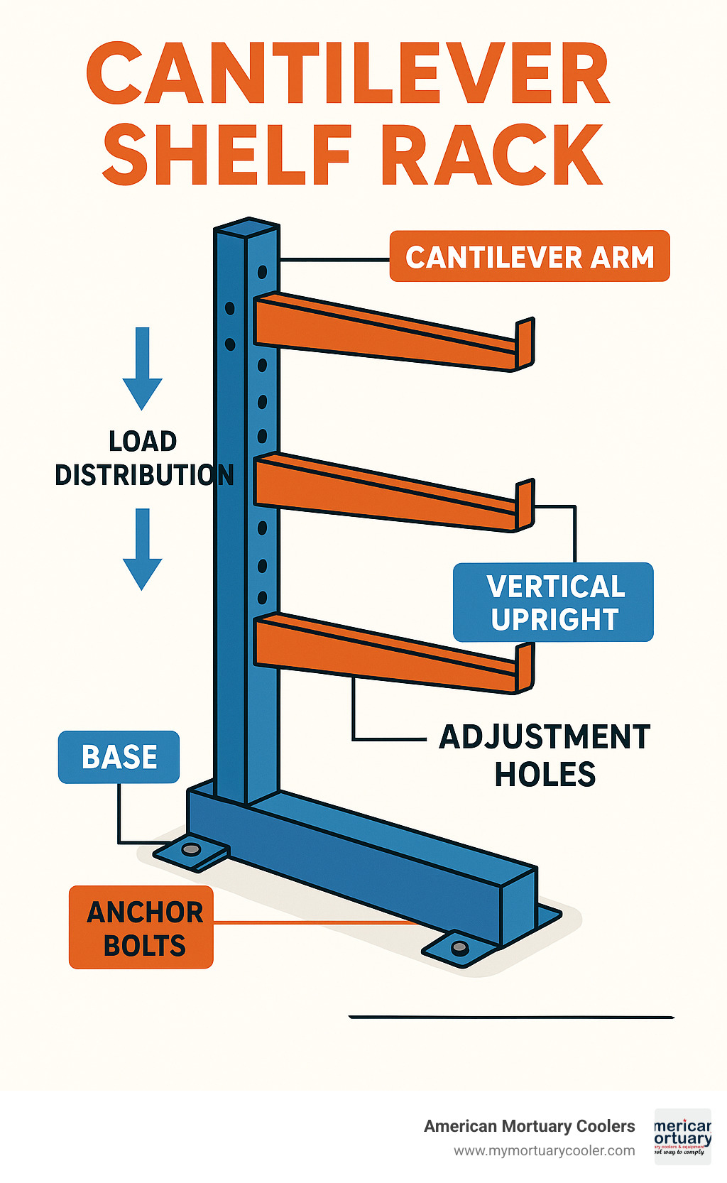 Detailed infographic showing cantilever shelf rack components including base anchor system, vertical uprights with adjustment holes, horizontal cantilever arms extending from one side, and load distribution arrows showing how weight transfers through the structure to the floor-mounted base - cantilever shelf rack infographic 