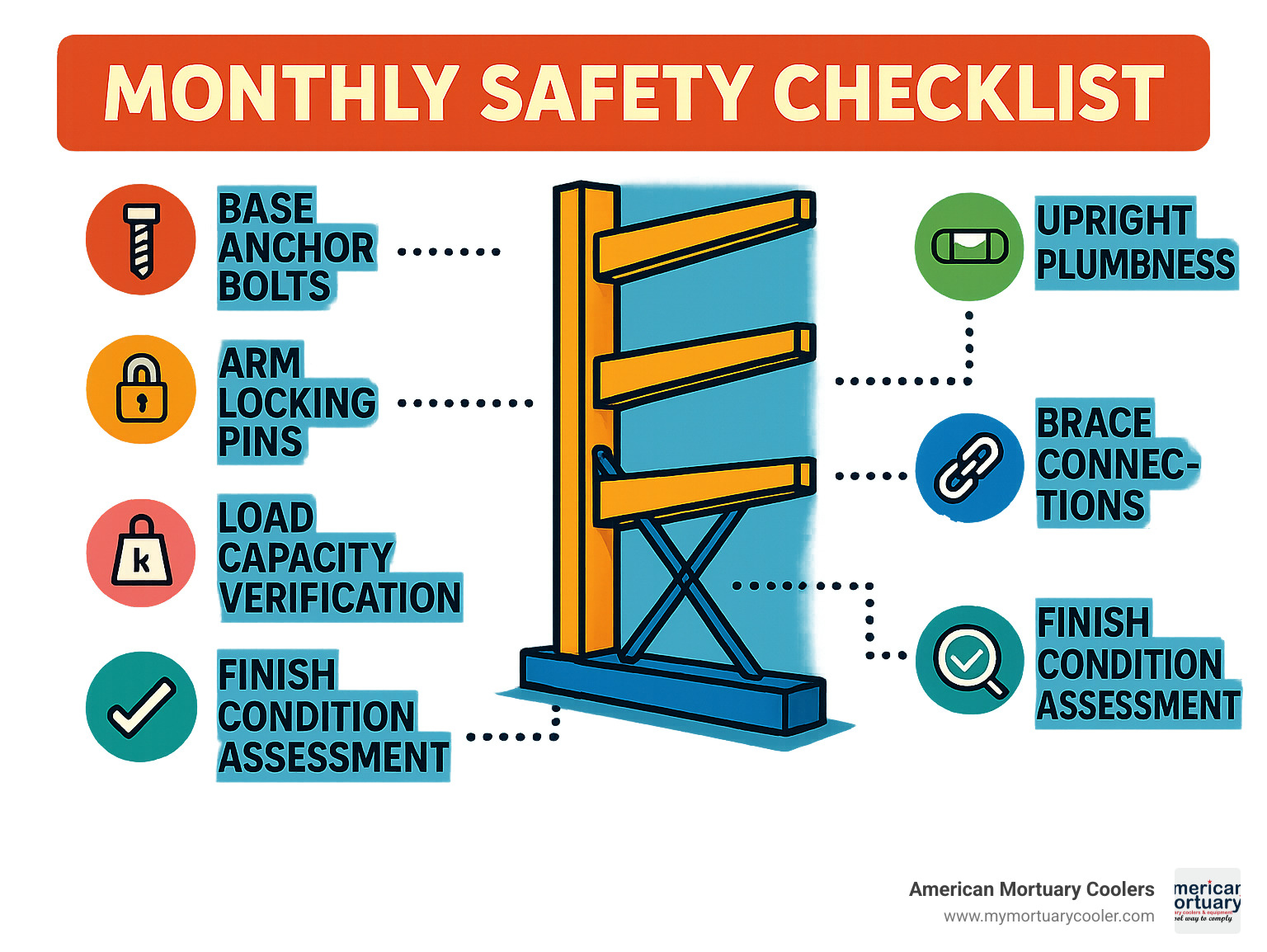Monthly safety checklist infographic showing inspection points: base anchor bolts, arm locking pins, upright plumbness, brace connections, load capacity verification, and finish condition assessment - cantilever shelf rack infographic 