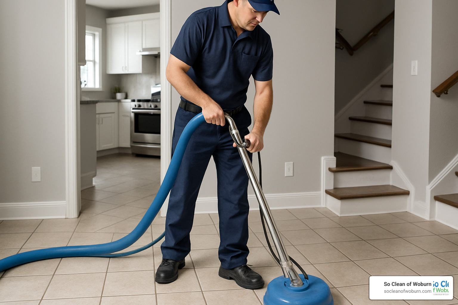 technician cleaning tile grout - professional floor cleaners