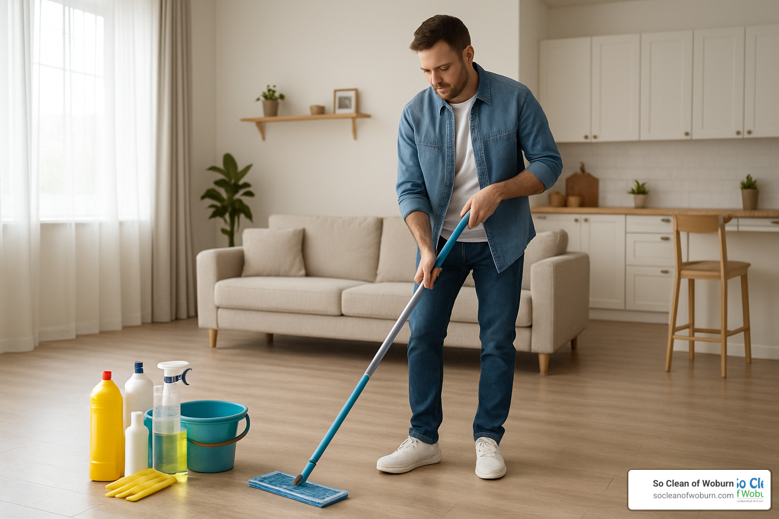 homeowner mopping laminate flooring - professional floor cleaners