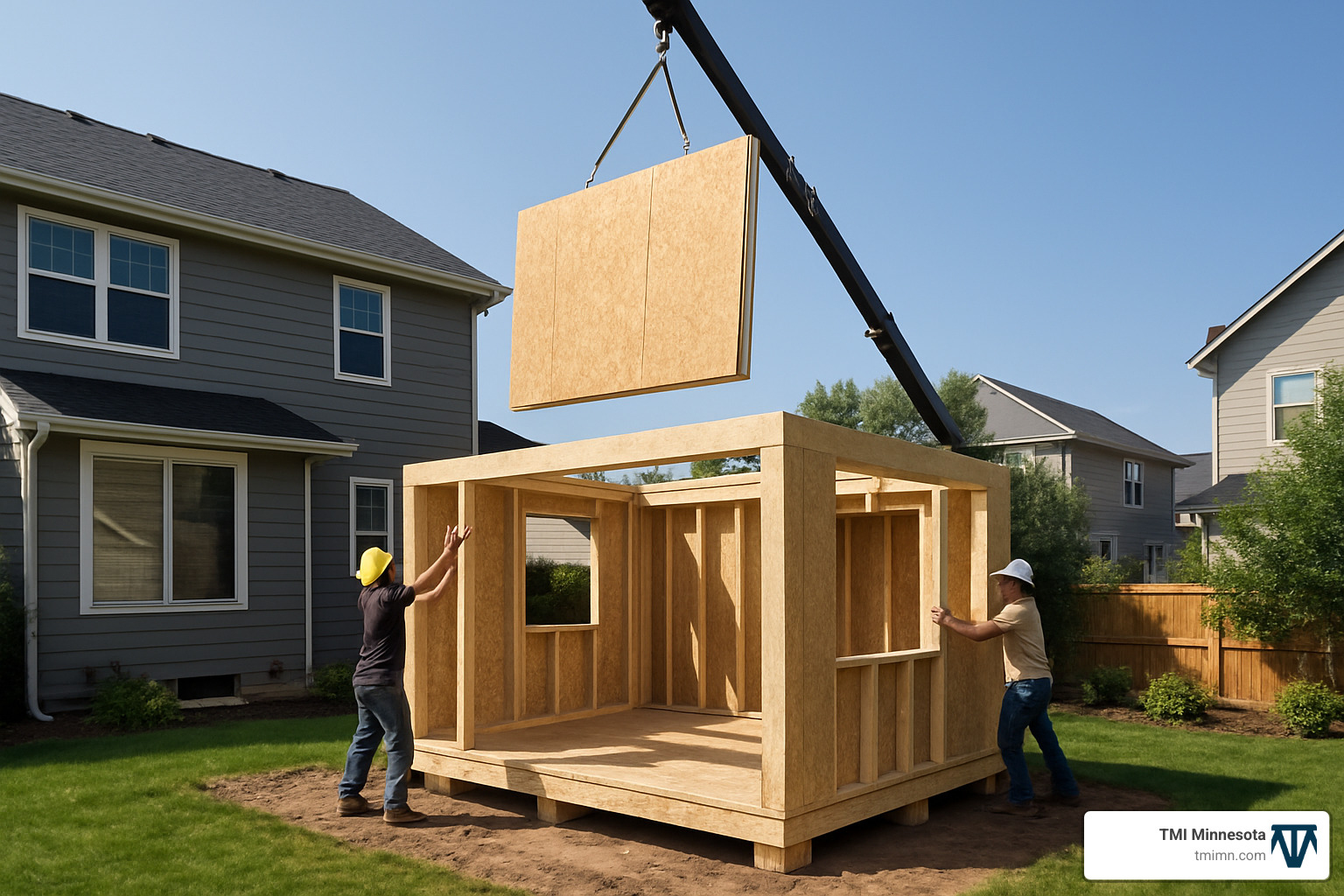 SIPs panels being craned into place during garden room construction - garden room extensions