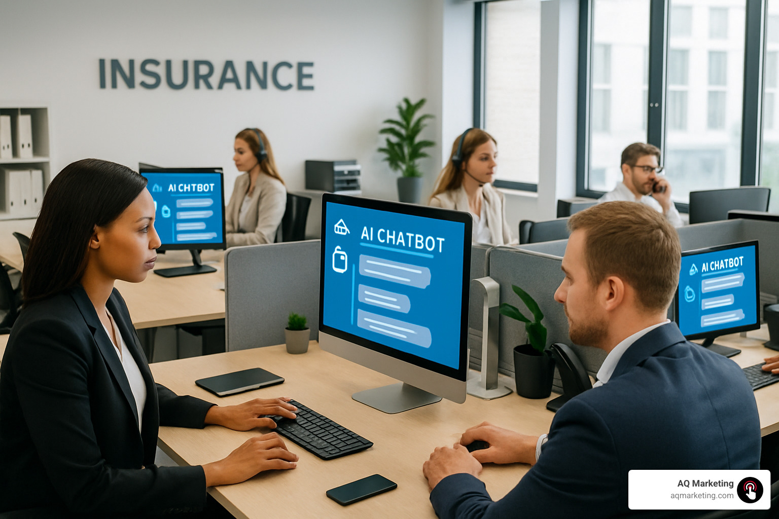Modern insurance office with AI chatbot interface and customer service technology - digital marketing insurance industry
