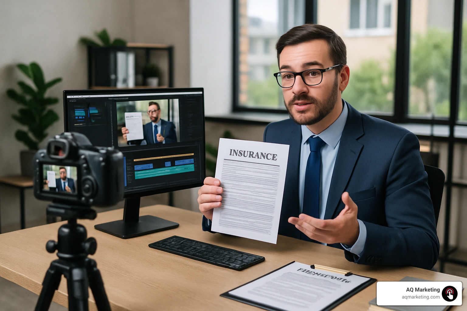 Insurance professional creating educational video content in office setting - digital marketing insurance industry