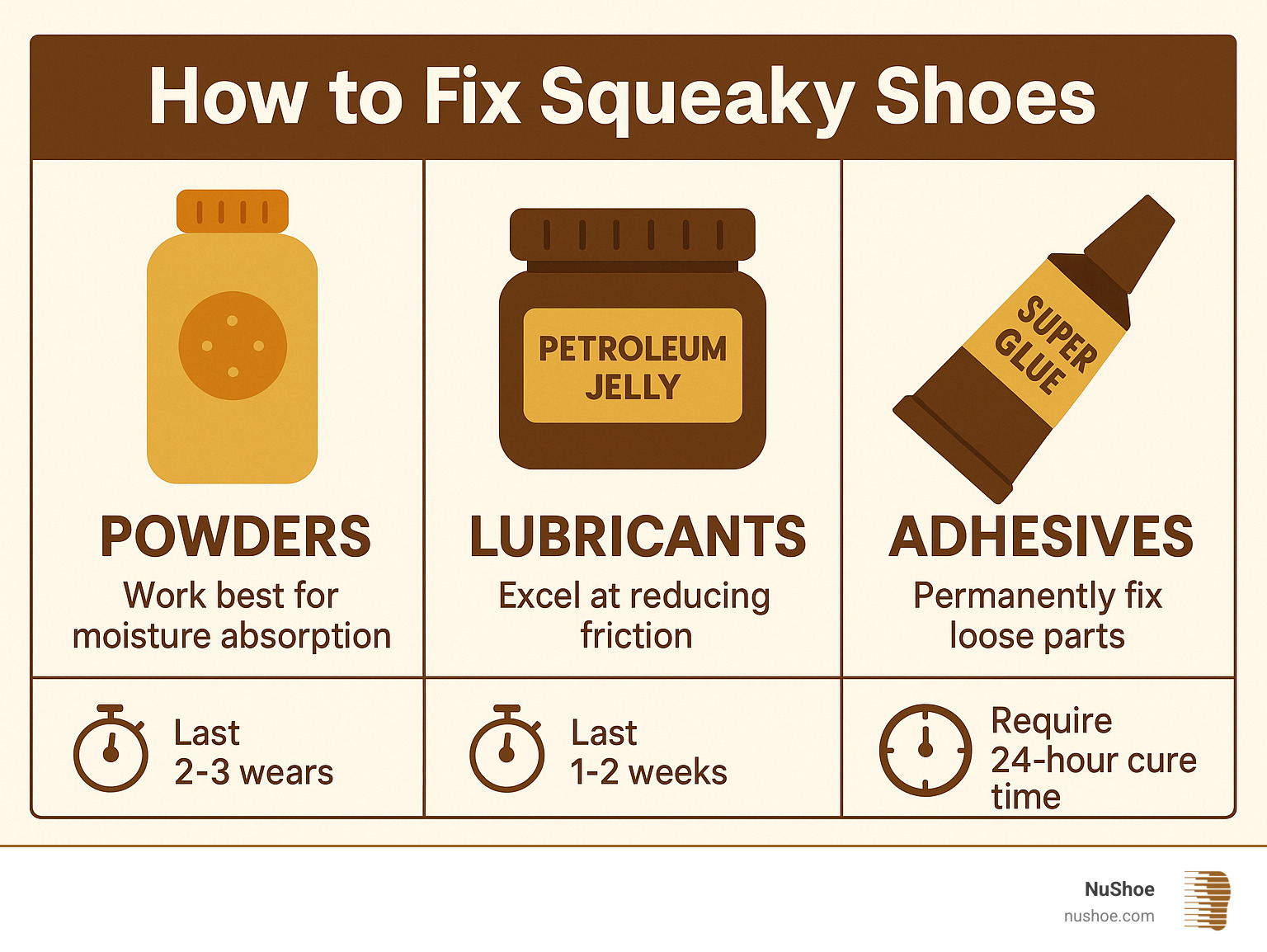 Comparison table showing powders (baby powder, cornstarch, baking soda) work best for moisture absorption and last 2-3 wears; lubricants (petroleum jelly, silicone spray, WD-40) excel at reducing friction and last 1-2 weeks; adhesives (super glue, shoe cement) permanently fix loose parts but require 24-hour cure time - how to fix squeaky shoes infographic 