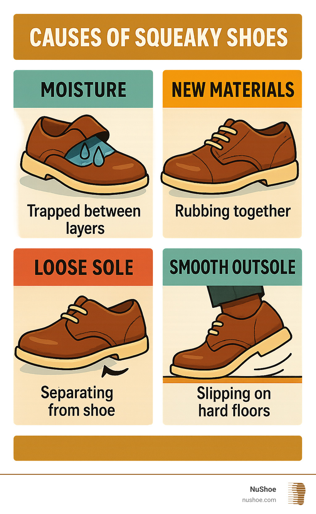 Infographic showing the 4 main causes of squeaky shoes: moisture trapped between shoe layers creating friction, new stiff materials rubbing together, loose soles or heels separating from the shoe body, and smooth outsoles slipping on hard floors - how to fix squeaky shoes infographic 
