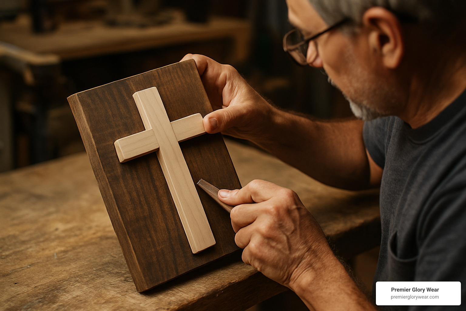 Artisan carefully crafting a wooden cross sign by hand, showing the personal touch that goes into handmade Christian decor - Christian home decor gifts