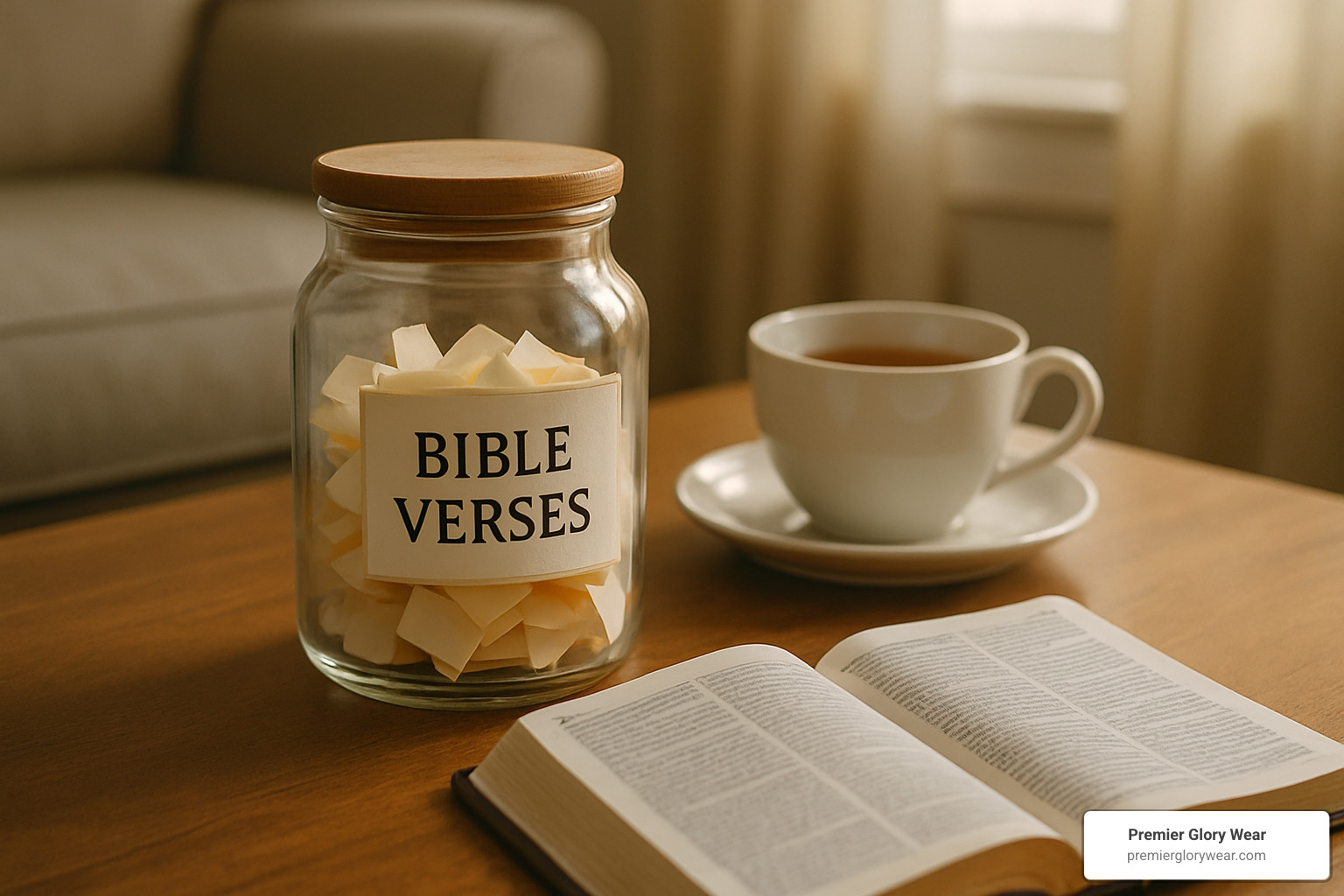 Bible verse jar sitting on a coffee table next to a cup of tea and open Bible, creating a peaceful devotional scene - Christian home decor gifts