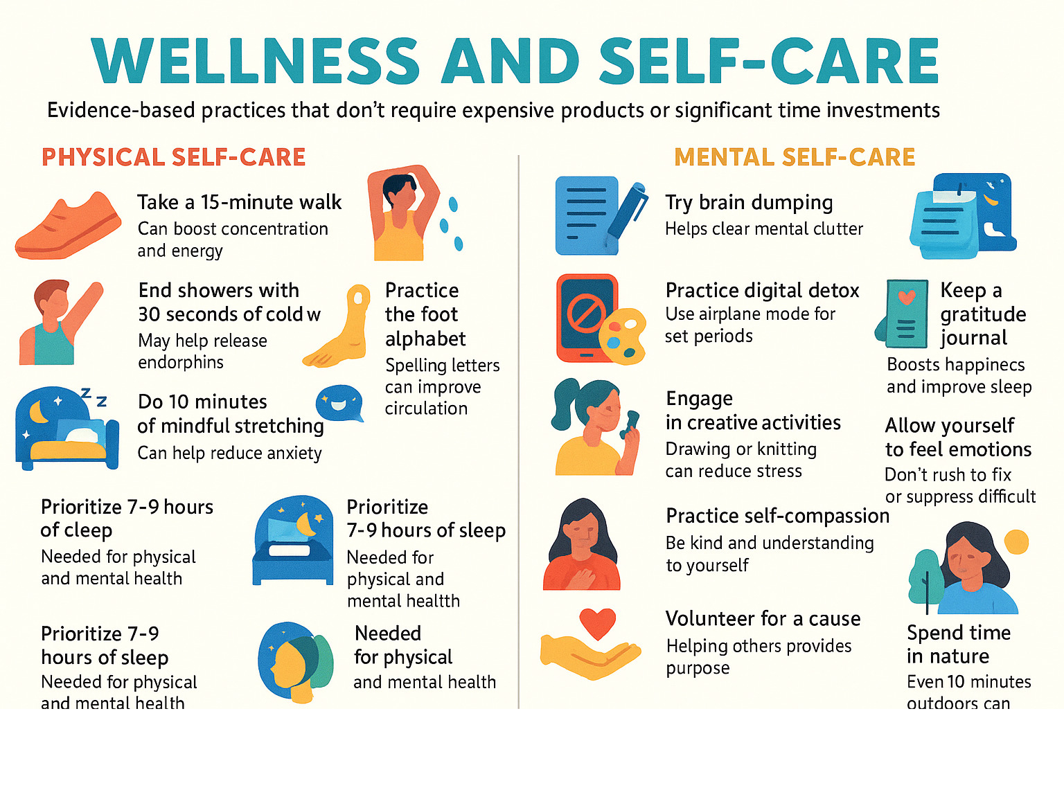 Infographic showing the scientific benefits of these 20 self-care practices, with icons and brief explanations of the research behind each one - wellness and self care infographic 