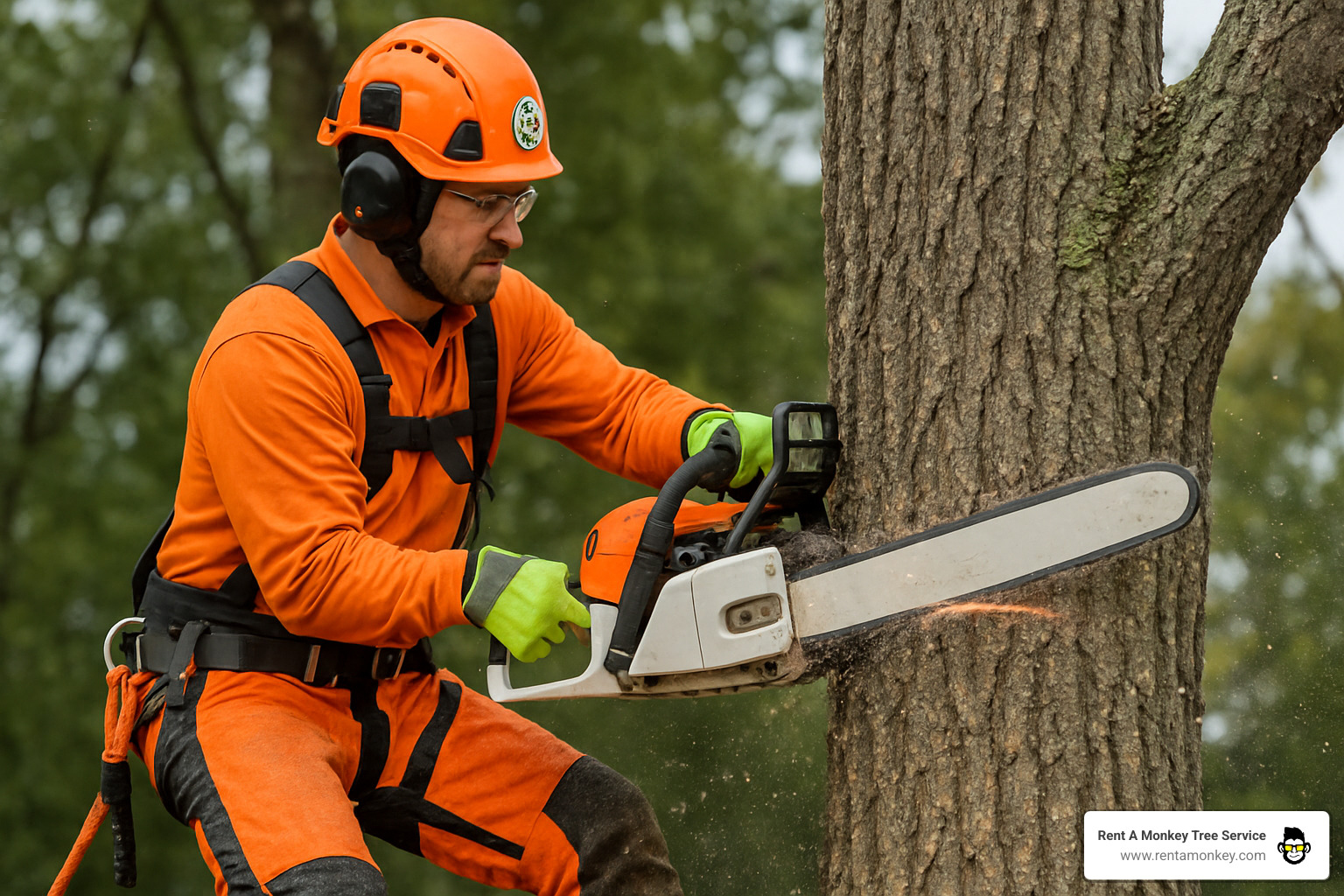 certified arborist wearing full safety gear including helmet, cut-resistant chaps, safety harness, and using professional chainsaw equipment - emergency tree removal