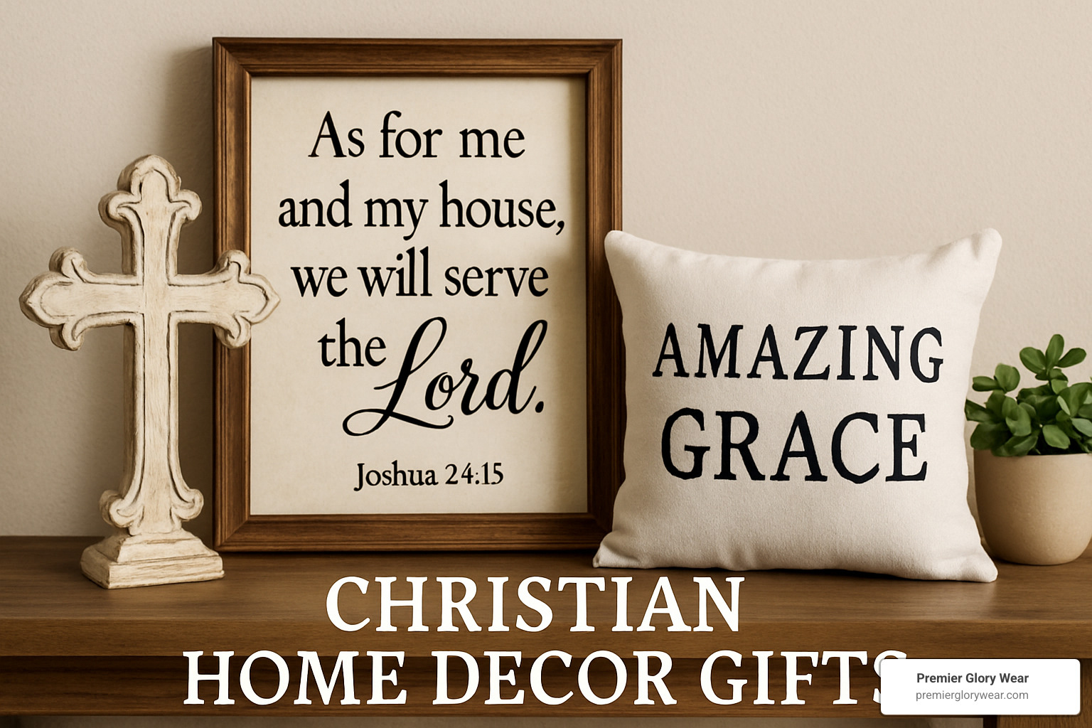 Collage of various Christian home decor gifts including wall art, crosses, candles, and textiles arranged in an appealing display - Christian home decor gifts