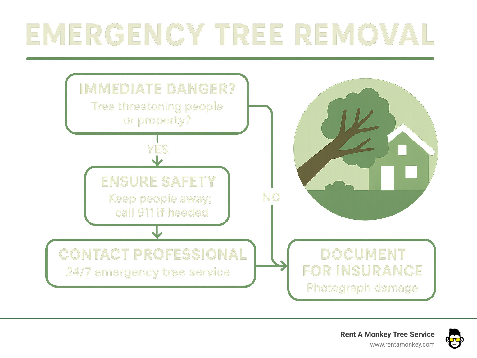 Infographic showing emergency tree removal decision flowchart with immediate danger assessment, safety protocols, professional response timeline, and documentation requirements for insurance claims - emergency tree removal infographic 