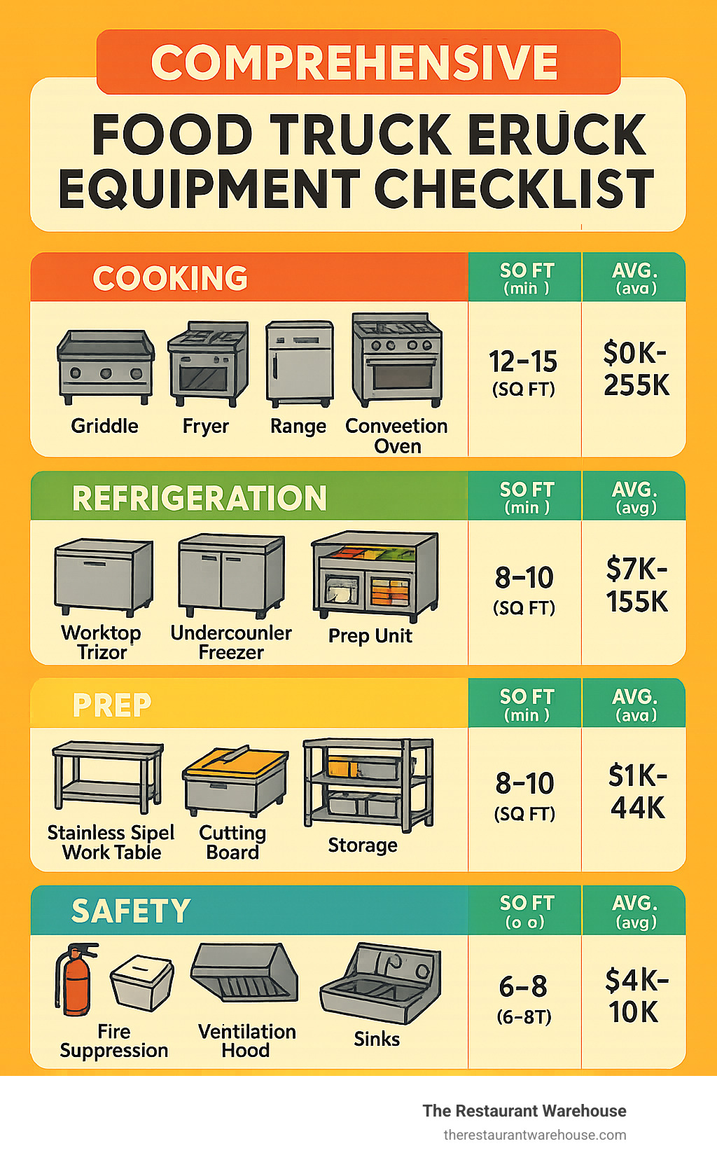 Comprehensive food truck equipment checklist showing essential cooking, refrigeration, prep, safety and service equipment organized by category with space requirements and average costs for 2025 - food truck equipment infographic 