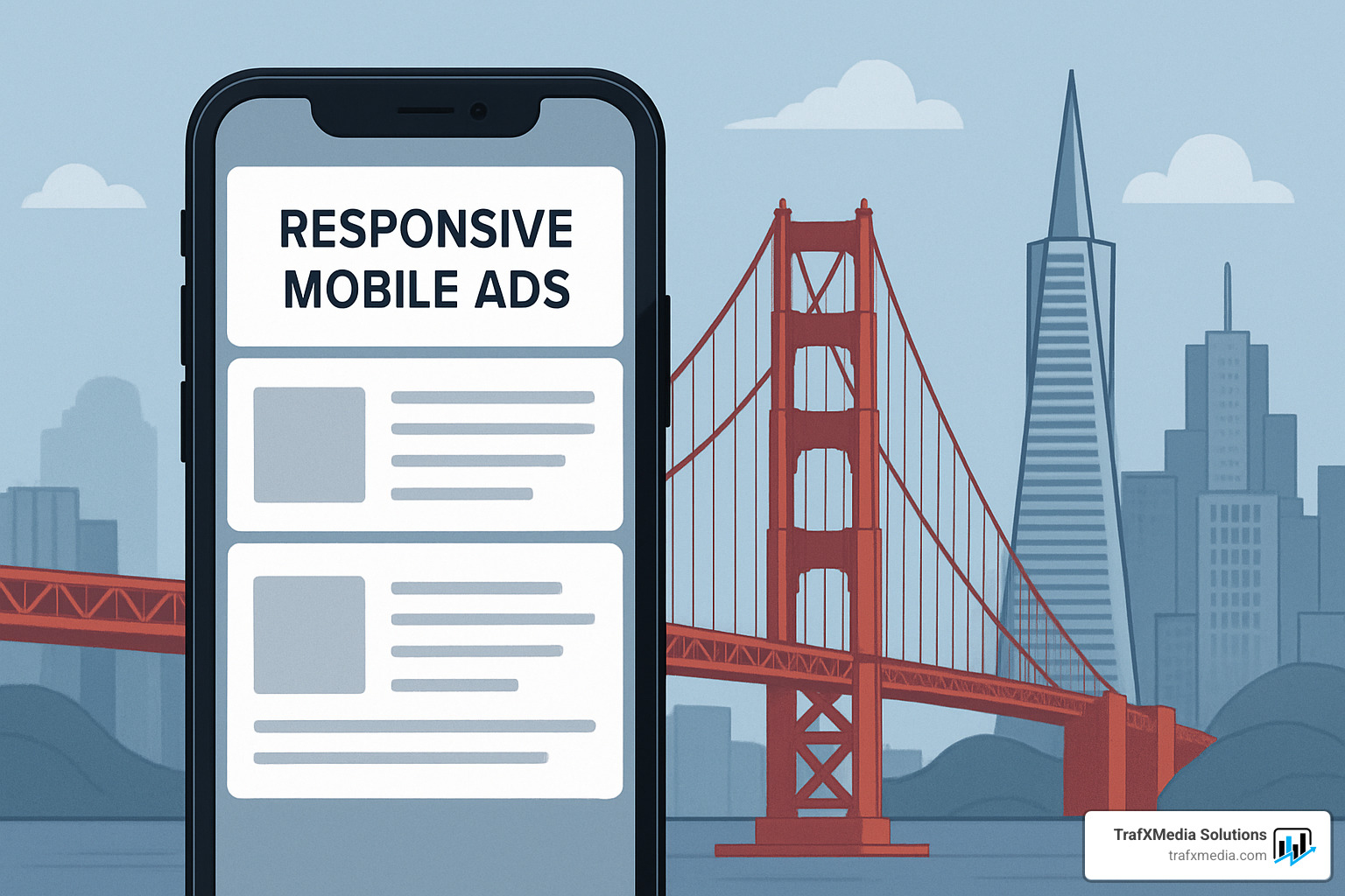 Smartphone displaying responsive mobile ads with San Francisco landmarks in background - PPC management San Francisco Smartphone displaying responsive mobile ads with San Francisco landmarks in background - PPC management San Francisco