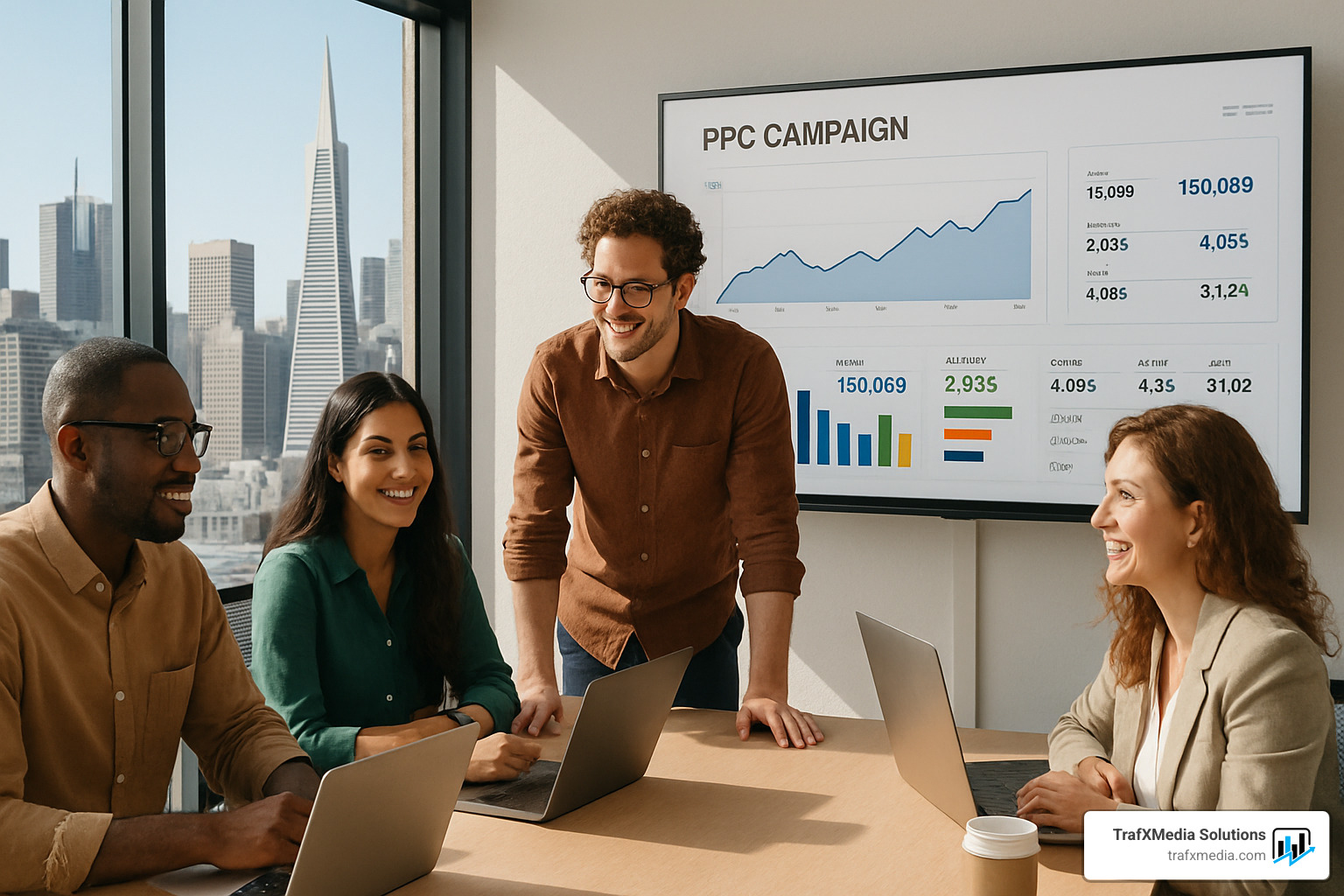 Strategic planning session in modern San Francisco agency office with team reviewing campaign performance - PPC management San Francisco Strategic planning session in modern San Francisco agency office with team reviewing campaign performance - PPC management San Francisco