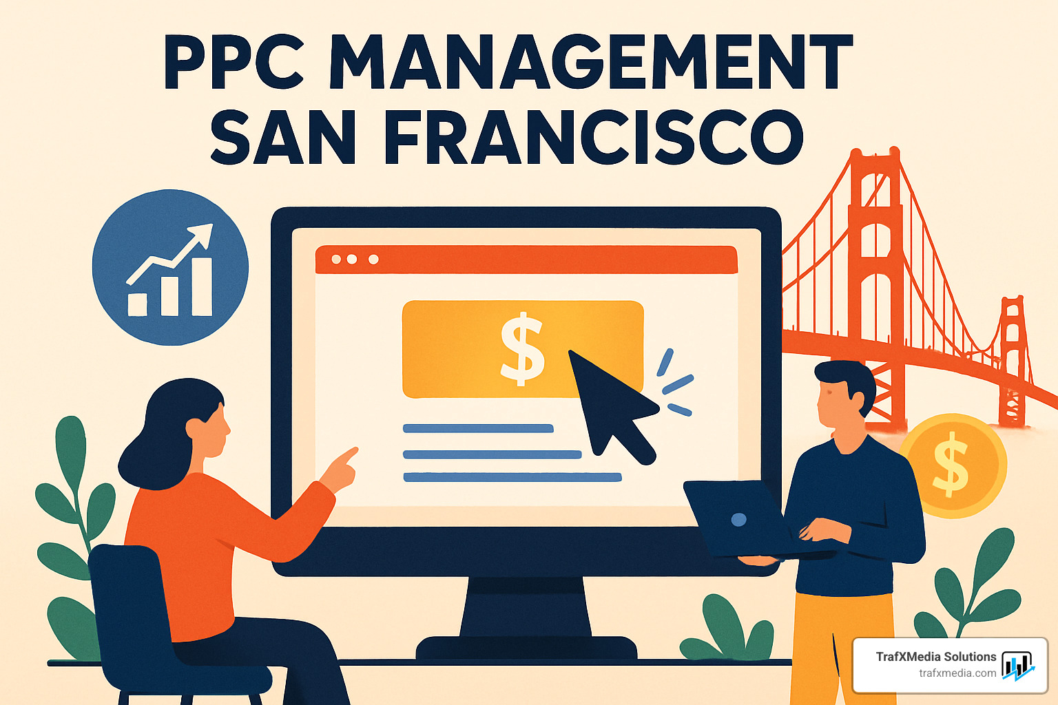 PPC performance dashboard displayed on computer screen with San Francisco skyline in background - PPC management San Francisco PPC performance dashboard displayed on computer screen with San Francisco skyline in background - PPC management San Francisco