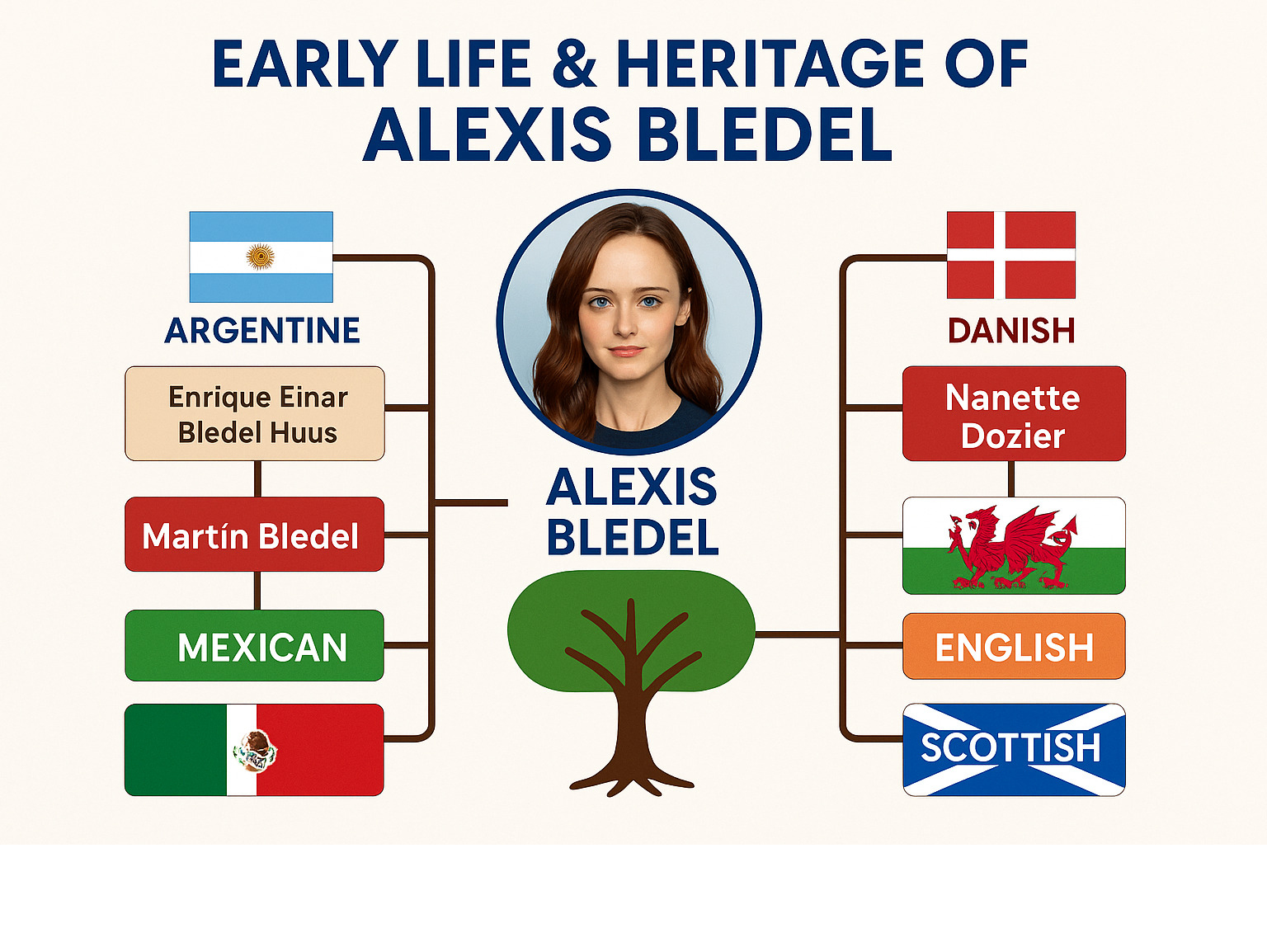 Comprehensive family tree infographic showing Alexis Bledel's multicultural heritage including Argentine, Mexican, Danish, Welsh, English, and Scottish roots - alexis bledel infographic 