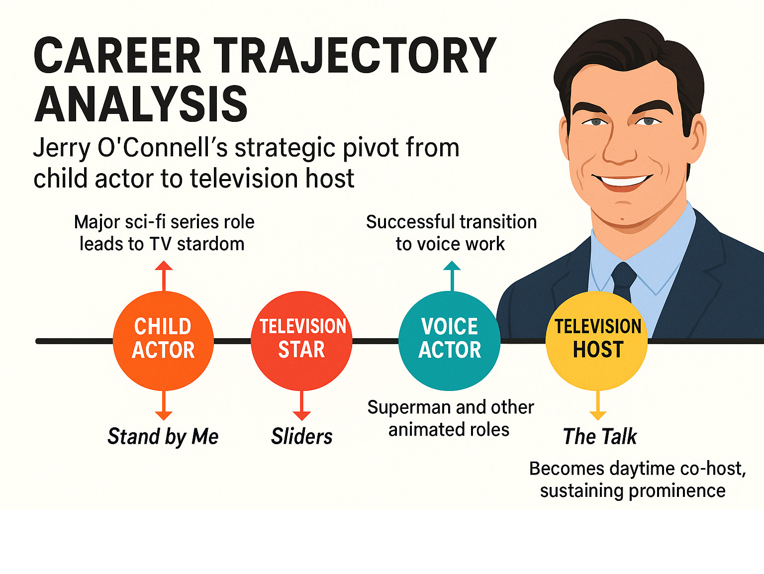 Career trajectory analysis showing Jerry O'Connell's strategic pivot from child actor to television star to voice actor to television host, with timeline markers for major career decisions and their impact on his sustained success - jerry o'connell infographic Career trajectory analysis showing Jerry O'Connell's strategic pivot from child actor to television star to voice actor to television host, with timeline markers for major career decisions and their impact on his sustained success - jerry o'connell infographic