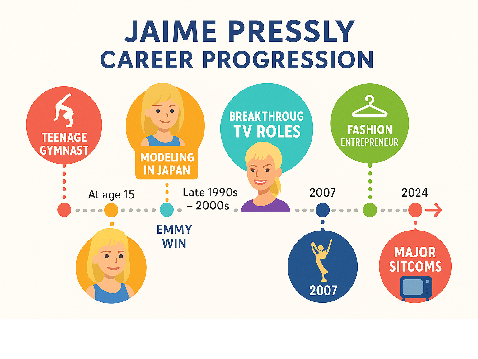 Detailed timeline infographic showing Jaime Pressly's career progression from teenage gymnast to modeling in Japan at 15, breakthrough TV roles, Emmy win in 2007, fashion entrepreneurship, and continued success in major sitcoms through 2024 - jaime pressly infographic Detailed timeline infographic showing Jaime Pressly's career progression from teenage gymnast to modeling in Japan at 15, breakthrough TV roles, Emmy win in 2007, fashion entrepreneurship, and continued success in major sitcoms through 2024 - jaime pressly infographic