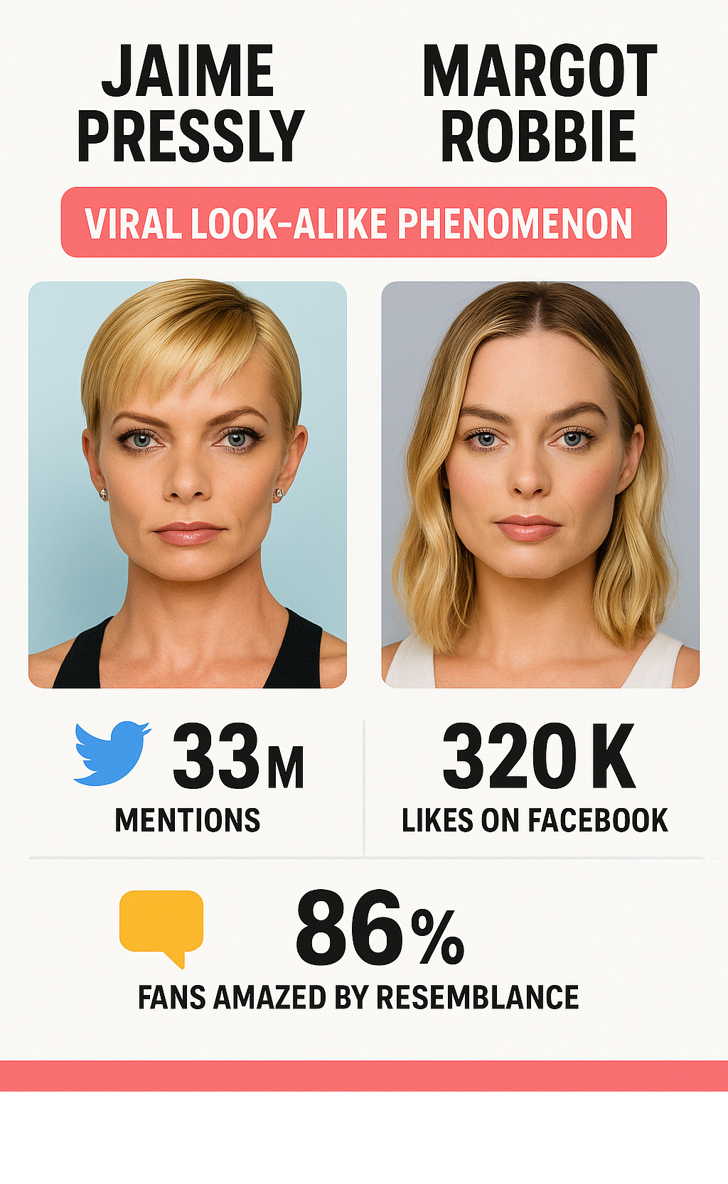 Comparison infographic showing side-by-side photos of Jaime Pressly and Margot Robbie with statistics about their viral look-alike phenomenon, including social media engagement numbers and fan reactions - jaime pressly infographic Comparison infographic showing side-by-side photos of Jaime Pressly and Margot Robbie with statistics about their viral look-alike phenomenon, including social media engagement numbers and fan reactions - jaime pressly infographic