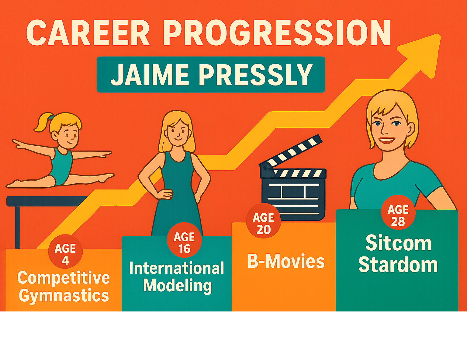 Career progression infographic showing the path from competitive gymnastics to international modeling to B-movies to sitcom stardom, with key milestones and ages marked - jaime pressly infographic Career progression infographic showing the path from competitive gymnastics to international modeling to B-movies to sitcom stardom, with key milestones and ages marked - jaime pressly infographic