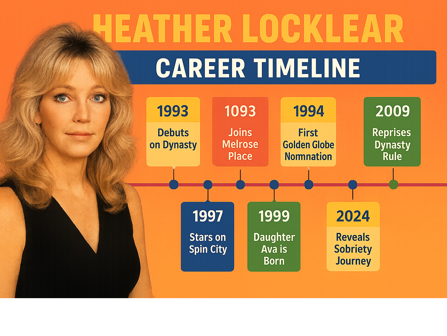 Infographic showing Heather Locklear's career timeline from 1980 Dynasty debut through 2024, highlighting major TV roles, Golden Globe nominations, personal milestones, and recent sobriety journey - heather locklear infographic Infographic showing Heather Locklear's career timeline from 1980 Dynasty debut through 2024, highlighting major TV roles, Golden Globe nominations, personal milestones, and recent sobriety journey - heather locklear infographic