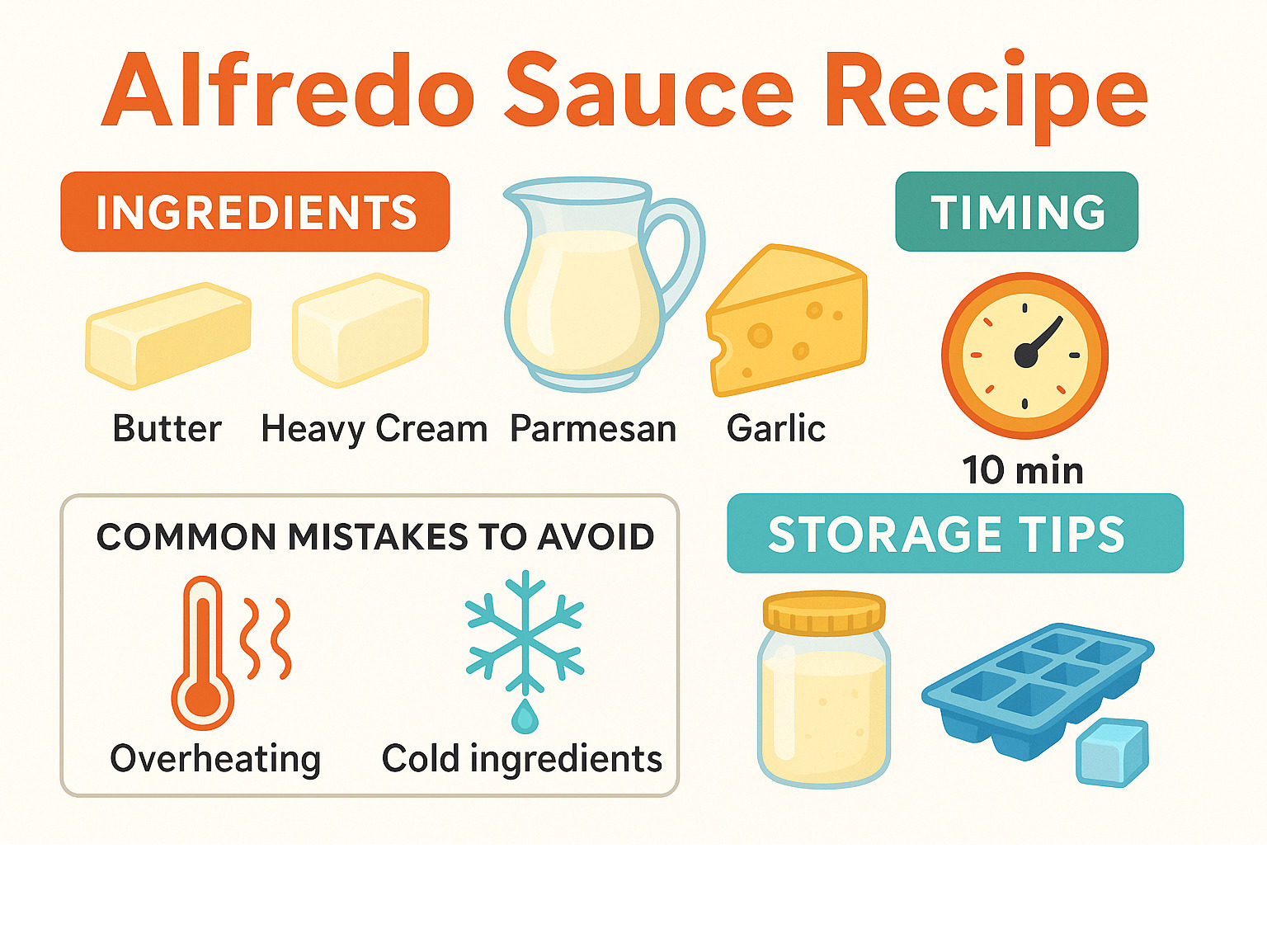Complete alfredo sauce recipe summary showing ingredients, timing, common mistakes to avoid, and storage tips in an easy-to-follow visual guide - alfredo sauce recipe infographic 