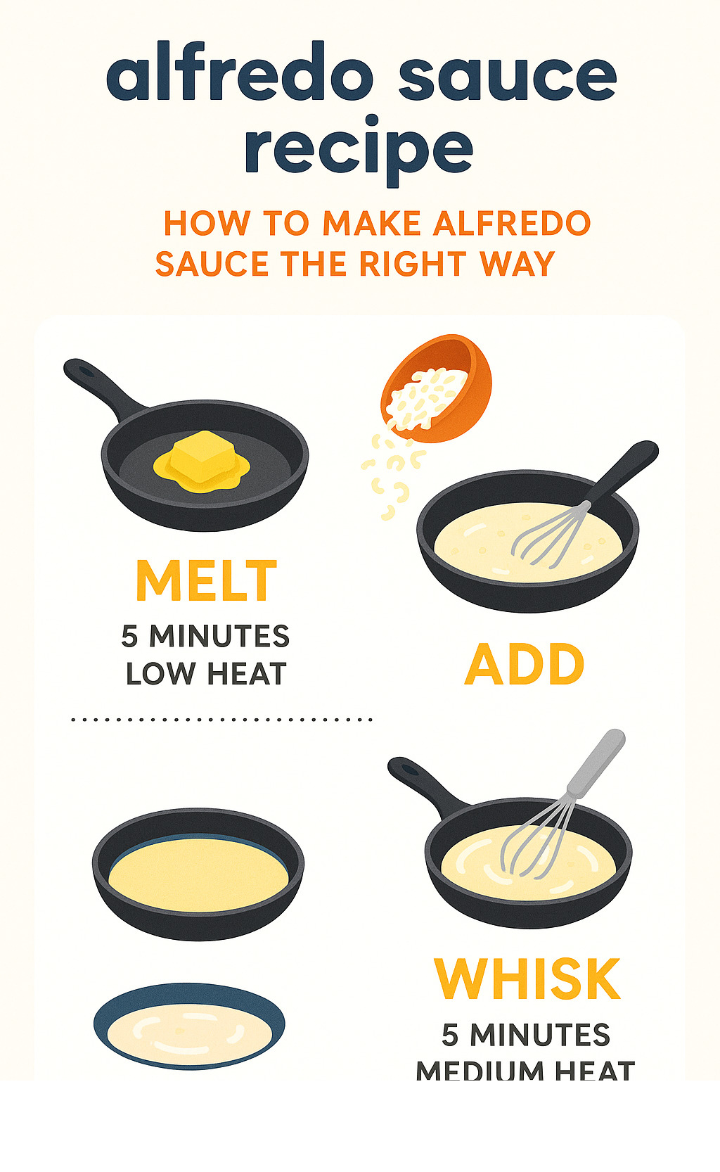 Step-by-step alfredo sauce preparation showing butter melting, cheese incorporation, and final creamy texture with cooking times and temperature guidelines - alfredo sauce recipe infographic 