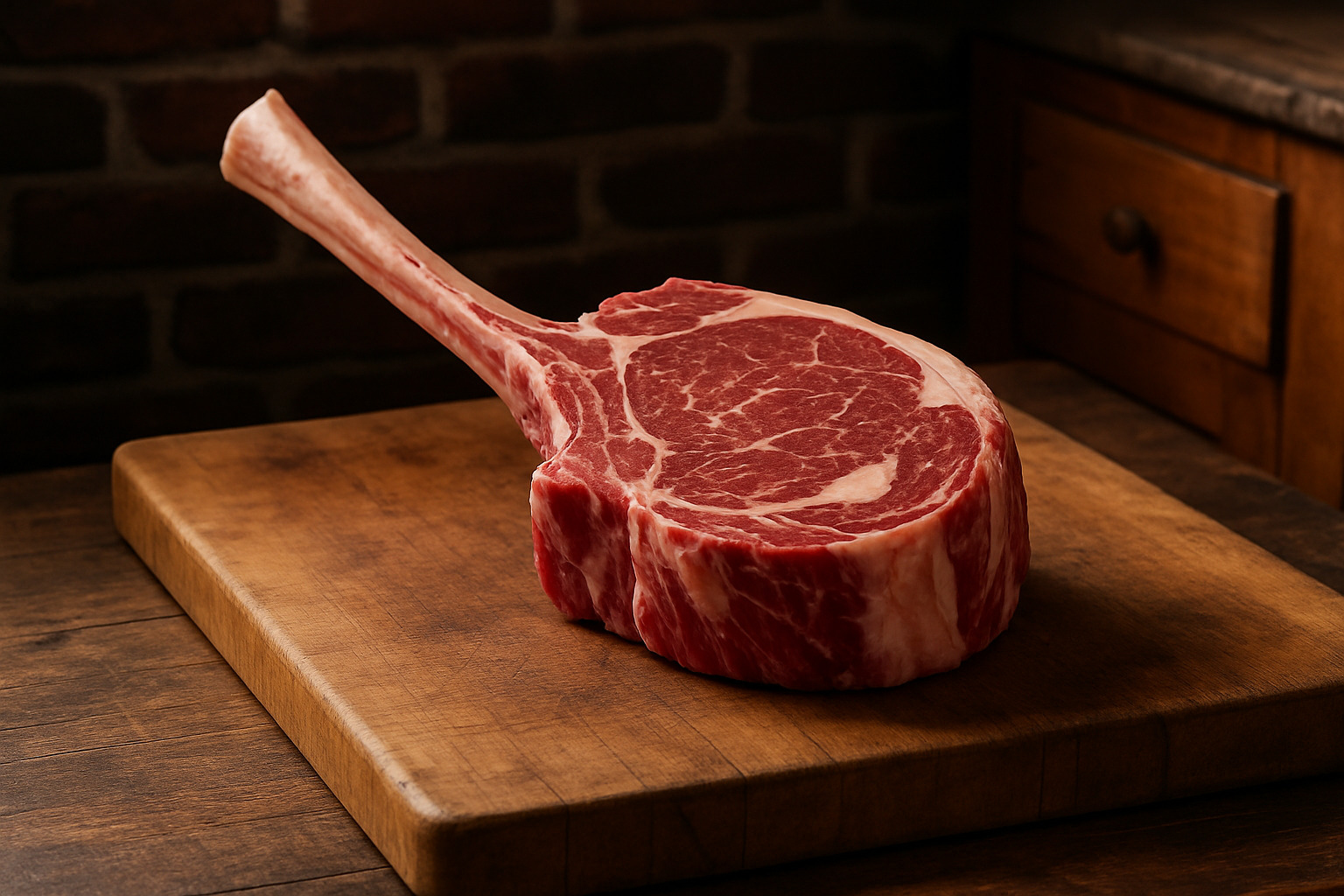 Raw tomahawk steak on butcher block showing marbling and bone - tomahawk steak Raw tomahawk steak on butcher block showing marbling and bone - tomahawk steak