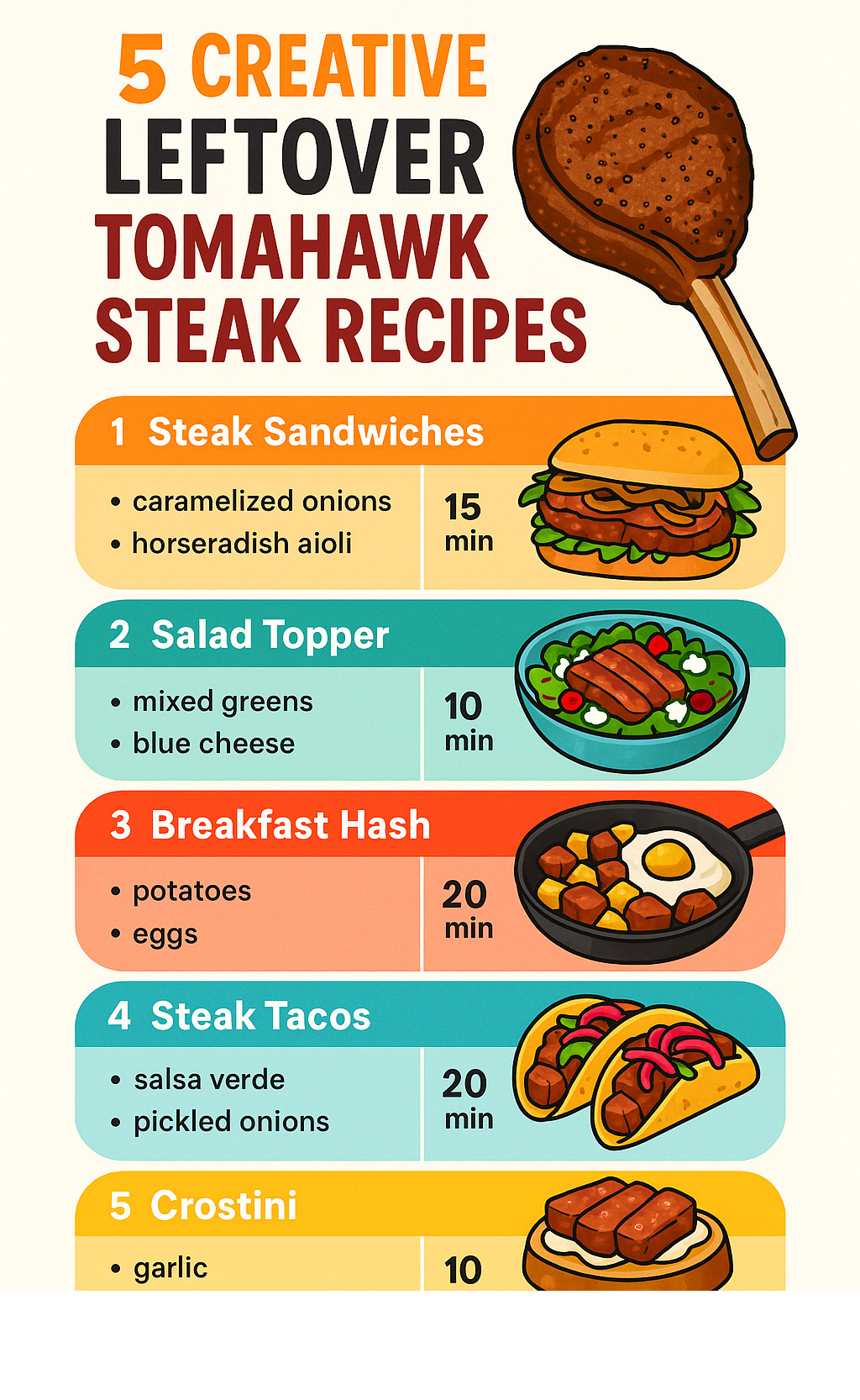 Infographic showing 5 creative leftover tomahawk steak recipes with prep times and key ingredients - tomahawk steak infographic Infographic showing 5 creative leftover tomahawk steak recipes with prep times and key ingredients - tomahawk steak infographic
