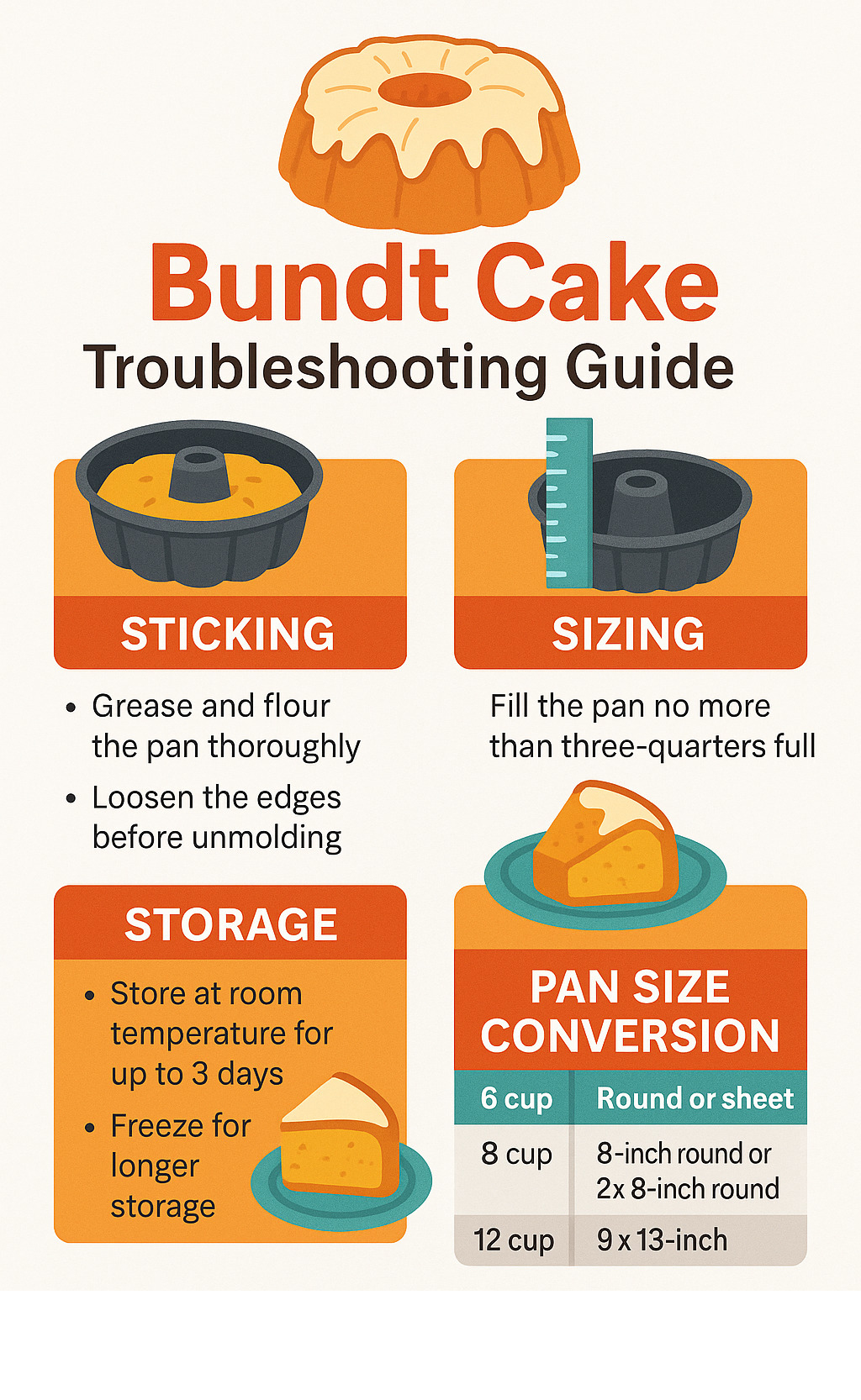 Infographic showing bundt cake troubleshooting guide with common problems like sticking, sizing, and storage solutions, plus conversion ratios for different pan sizes - bundt cake infographic 