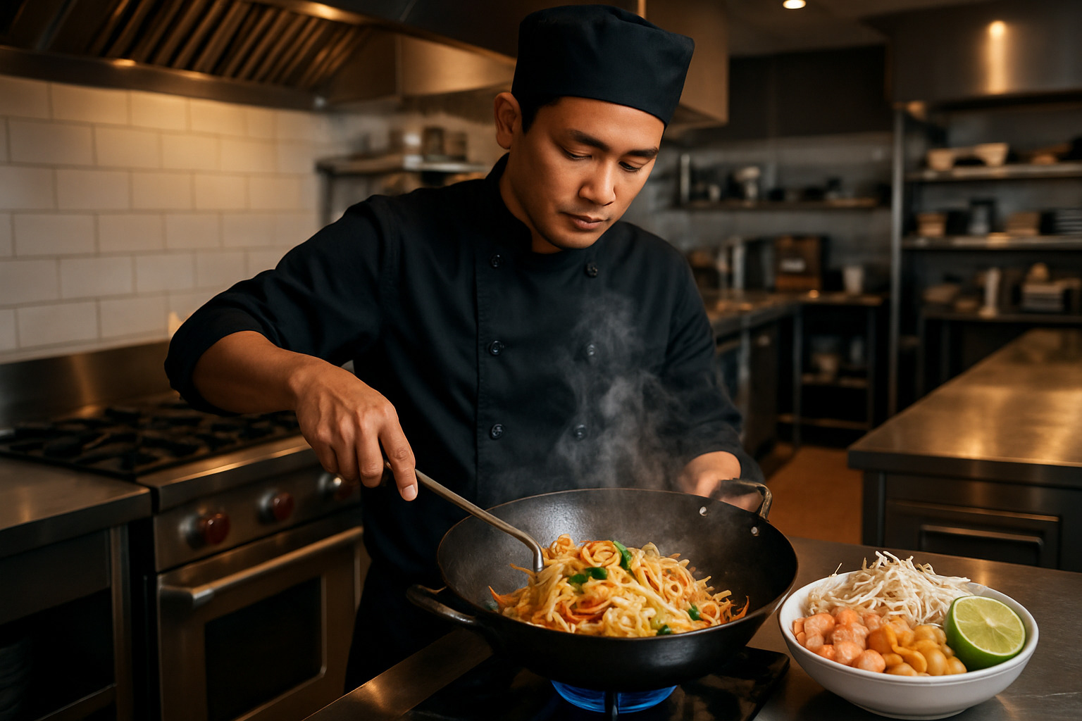 Thai chef preparing fresh pad thai in a traditional wok with steam rising and colorful ingredients arranged nearby - thai food near me