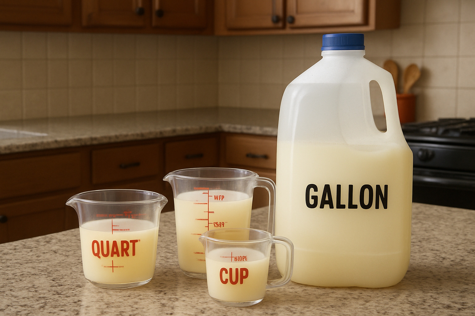 measuring cups showing gallon conversions - how many ounces in a gallon