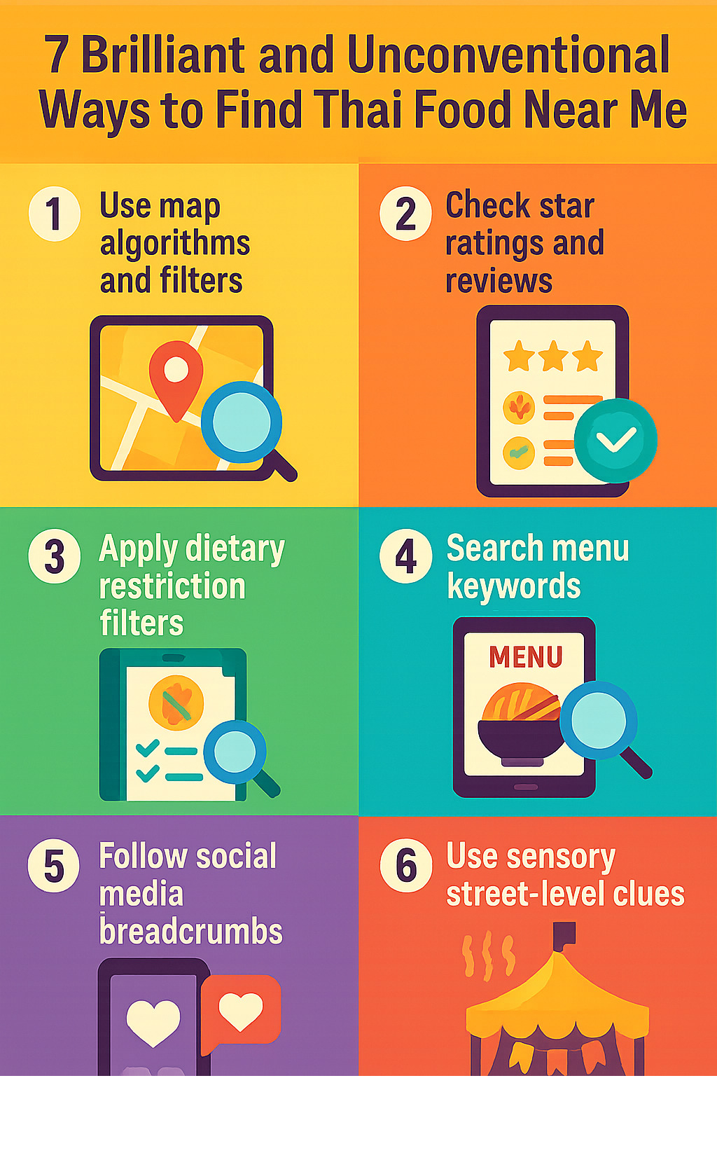 Infographic showing 7-step process for finding Thai food: 1) Use map algorithms and filters, 2) Check star ratings and reviews, 3) Apply dietary restriction filters, 4) Search menu keywords, 5) Follow social media breadcrumbs, 6) Use sensory street-level clues, 7) Attend cultural events and pop-ups - thai food near me infographic 