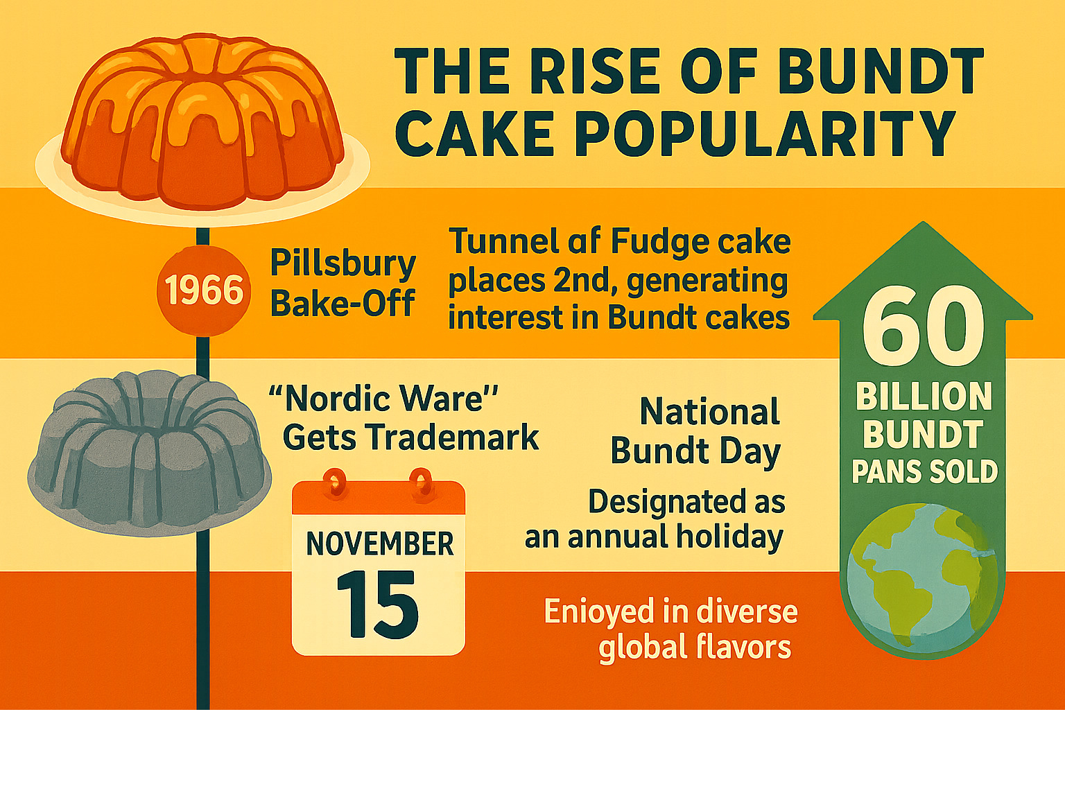Infographic showing the rise of bundt cake popularity from 1966 Pillsbury Bake-Off to 60 million pans sold, including key milestones like Nordic Ware trademark, National Bundt Day establishment, and global flavor variations that appeal to culinary travelers - bundt cake infographic 