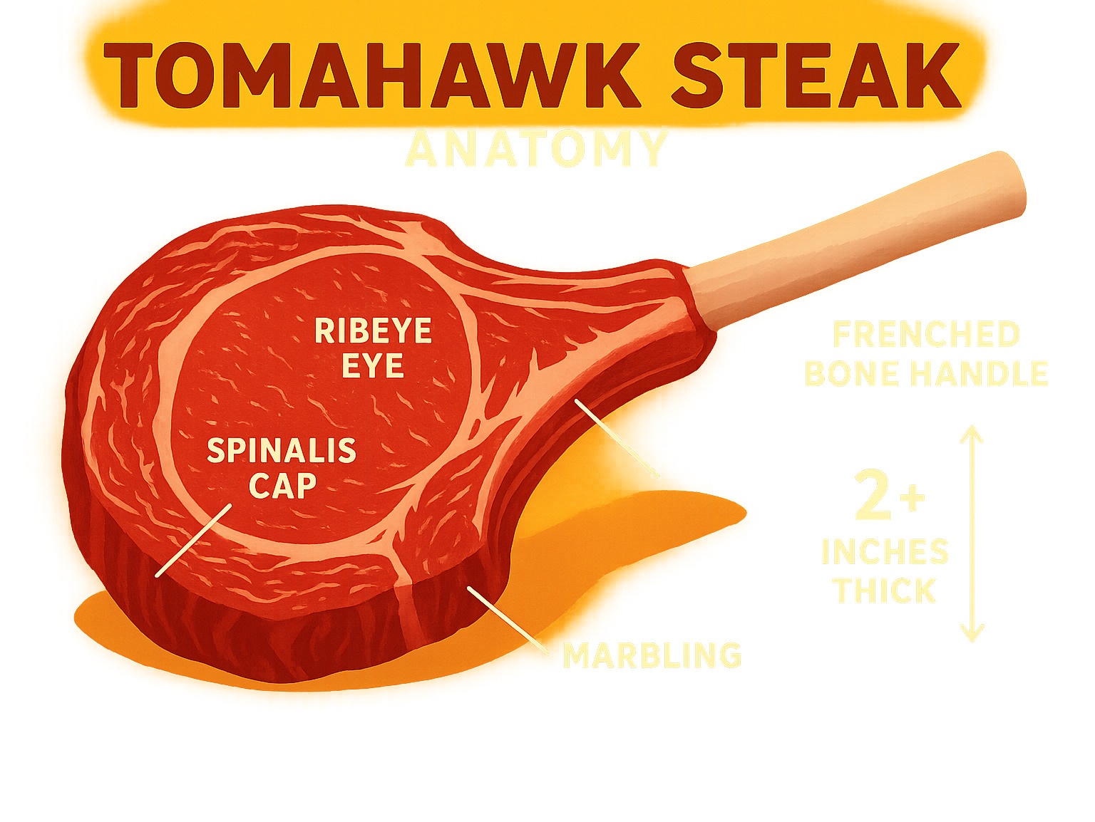 Detailed infographic showing tomahawk steak anatomy with labeled parts including the frenched bone handle, ribeye eye muscle, spinalis cap, marbling patterns, typical dimensions and weight ranges - tomahawk steak infographic Detailed infographic showing tomahawk steak anatomy with labeled parts including the frenched bone handle, ribeye eye muscle, spinalis cap, marbling patterns, typical dimensions and weight ranges - tomahawk steak infographic