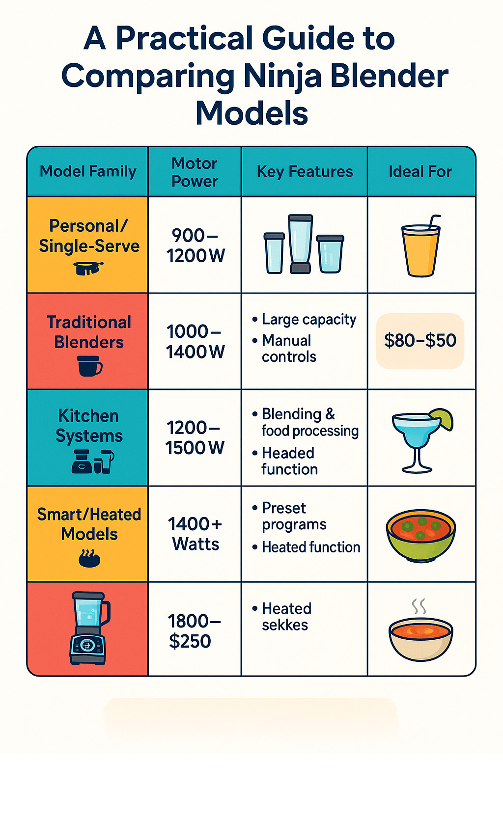 Detailed comparison chart showing Ninja blender model families including Personal/Single-Serve series, Traditional Blenders, Kitchen Systems, and Smart/Heated models with their respective motor powers, key features, price ranges, and ideal use cases -  ninja blender infographic 