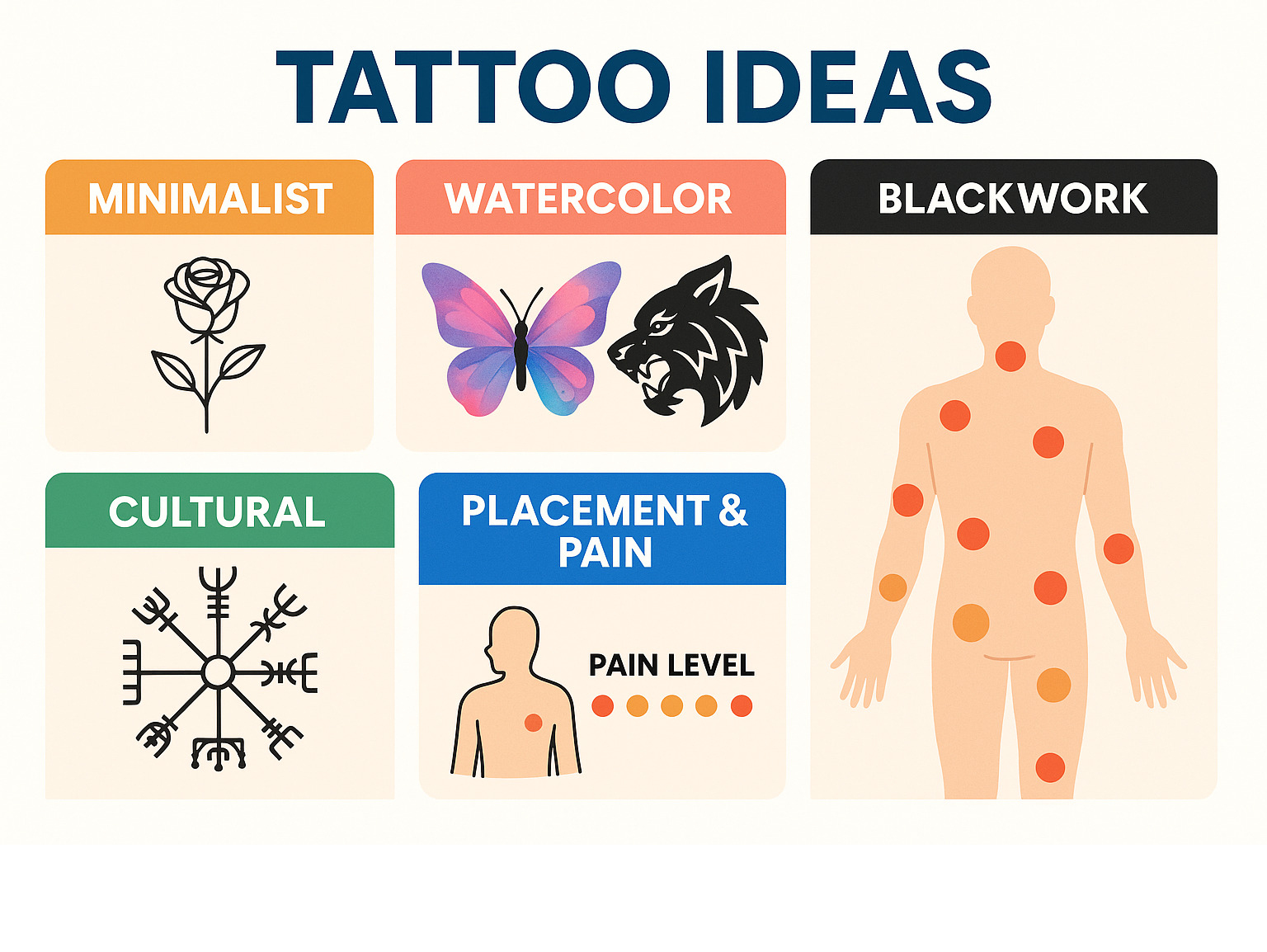 Comprehensive guide showing popular tattoo styles including minimalist line art, watercolor techniques, blackwork designs, cultural symbols, and placement considerations with pain level indicators - tattoo ideas infographic 