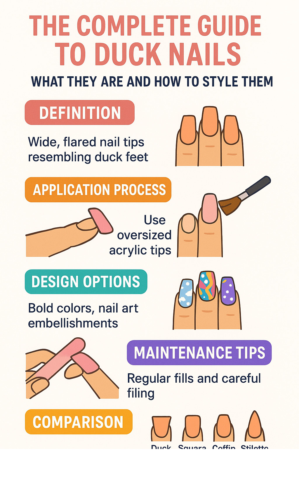 Comprehensive guide showing duck nails definition, application process, design options, maintenance tips, and comparison with other nail shapes - duck nails infographic 